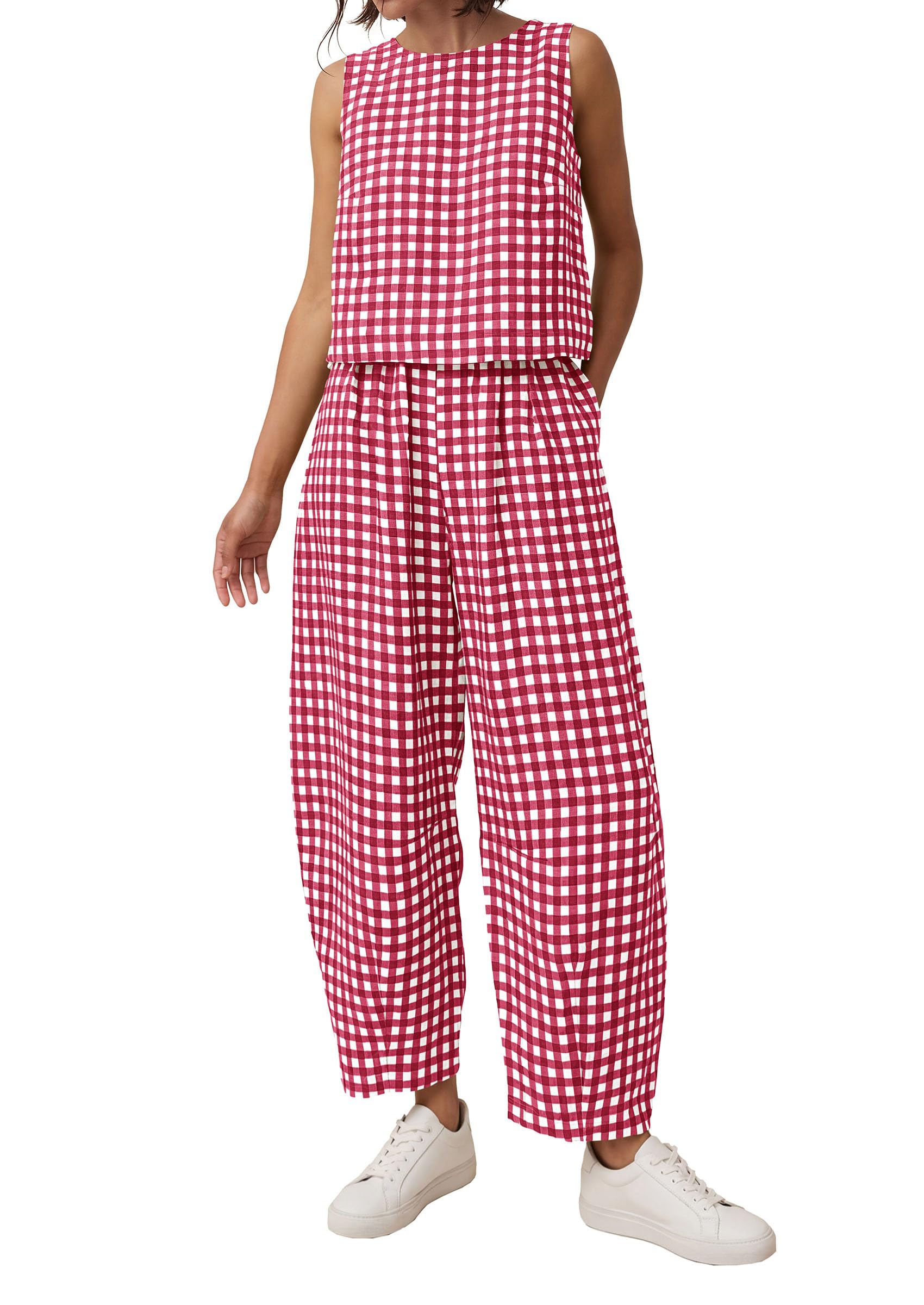 PRETTYGARDEN Womens 2 Piece Sets Summer Plaid Sleeveless Tops Wide Leg Pants Matching Lounge Set Beach Vacation Outfits