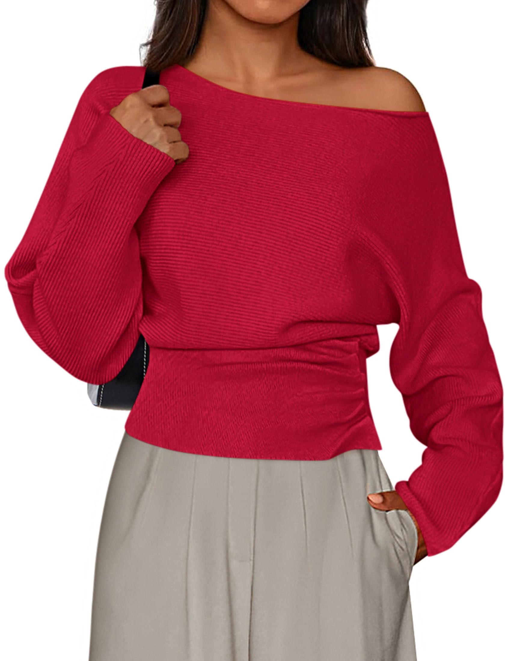 PRETTYGARDEN Women Off the Shoulder Sweater  Fall Trendy Long Batwing Sleeve Knit Pullover Going Out Tops Winter Clothing