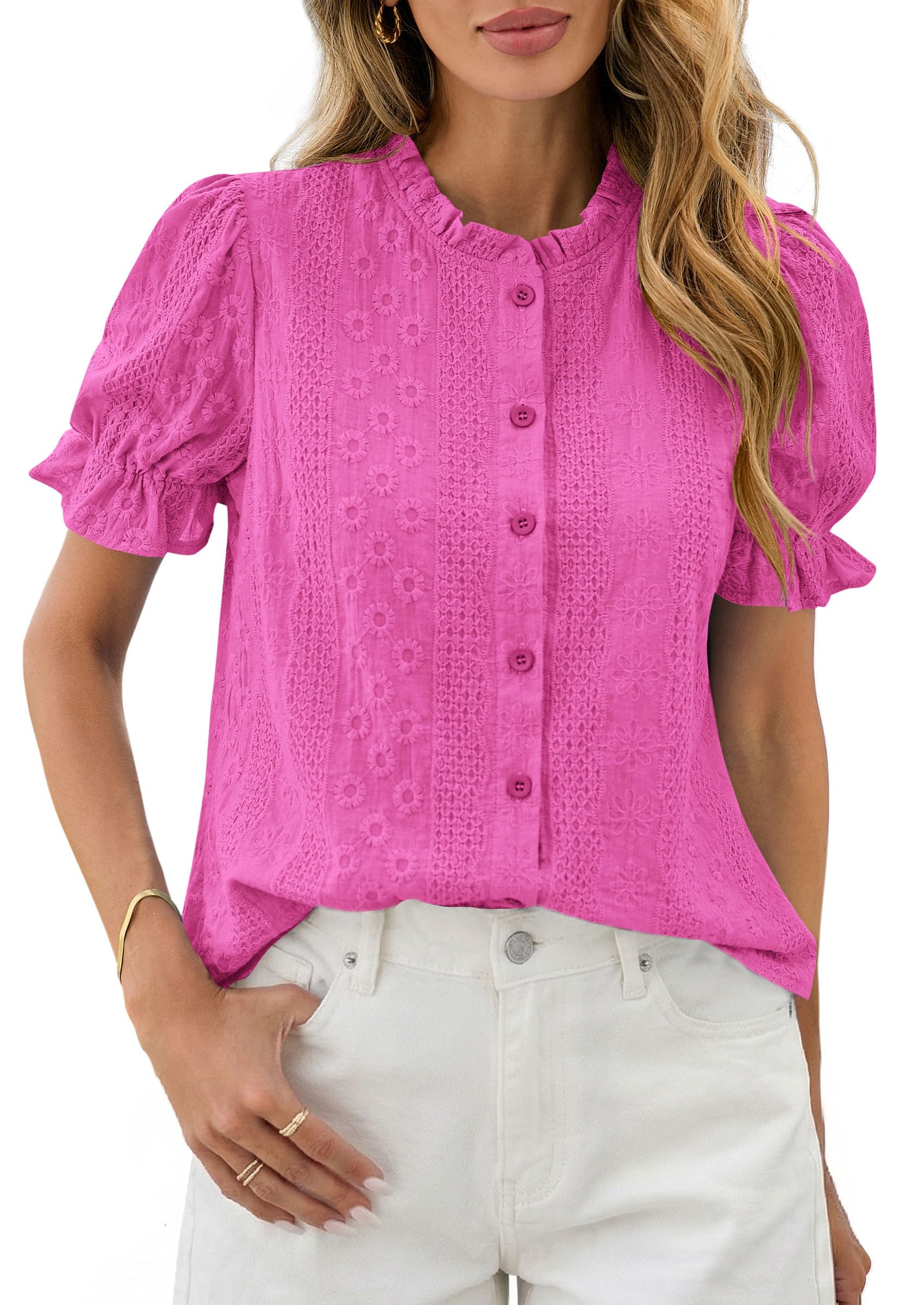 PRETTYGARDEN Womens Puff Short Sleeve Tops  Summer Spring Button Down Boho Embroidered Cute Blouse Dressy Casual Shirts