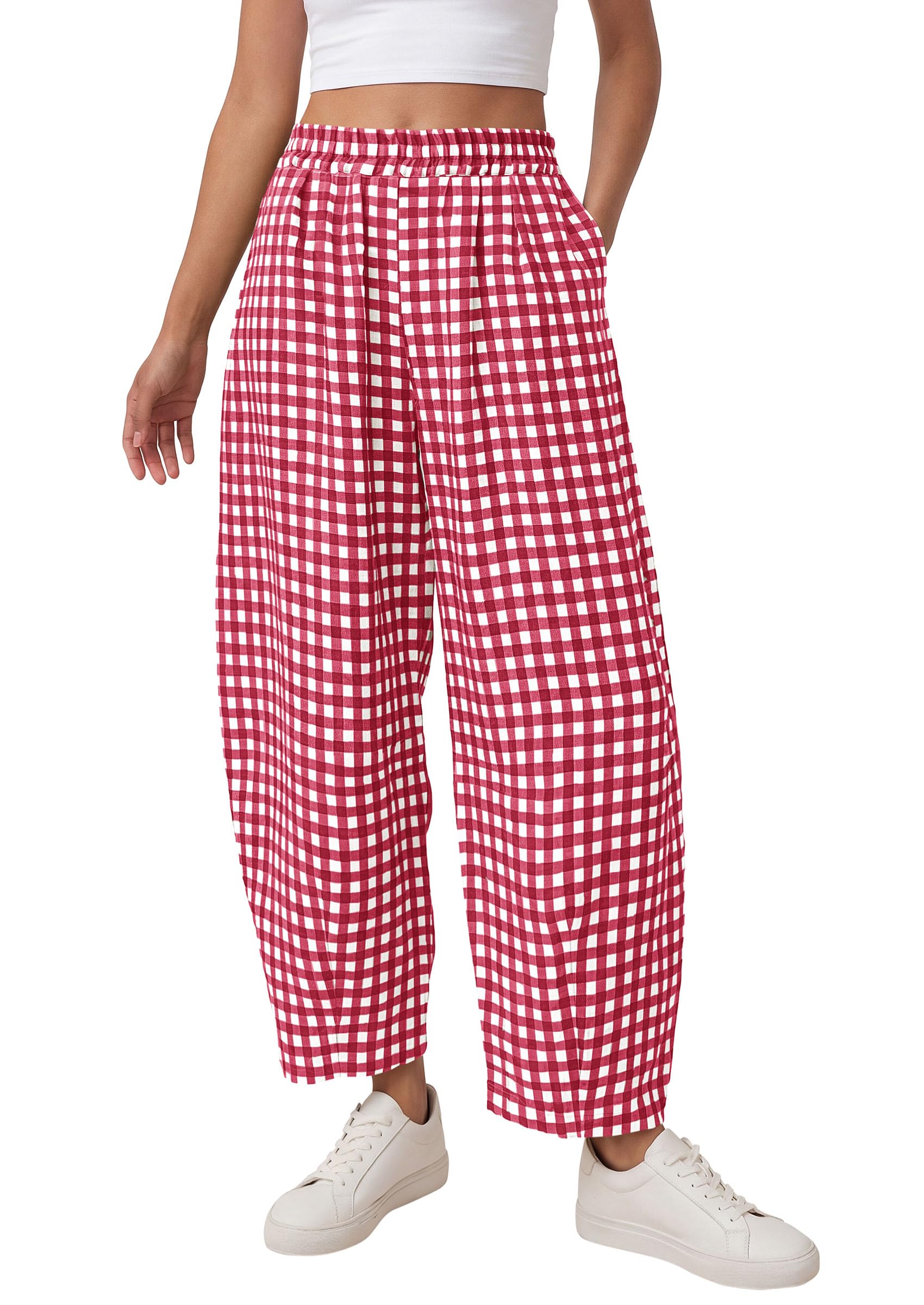 PRETTYGARDEN Plaid Barrel Pants Women Summer Casual Loose Wide Leg Lounge Gingham Trousers Spring Fashion Beach Bottoms