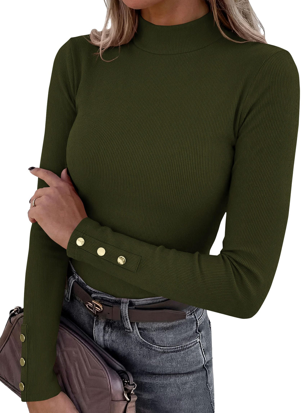 PRETTYGARDEN Women's Ribbed Mock Neck Long Sleeve Tops | Slim Fitted T-Shirts, Soft Stretch, Decorative Buttons, Going Out Work Casual Wear, Fall Outfits Layering Winter Clothes