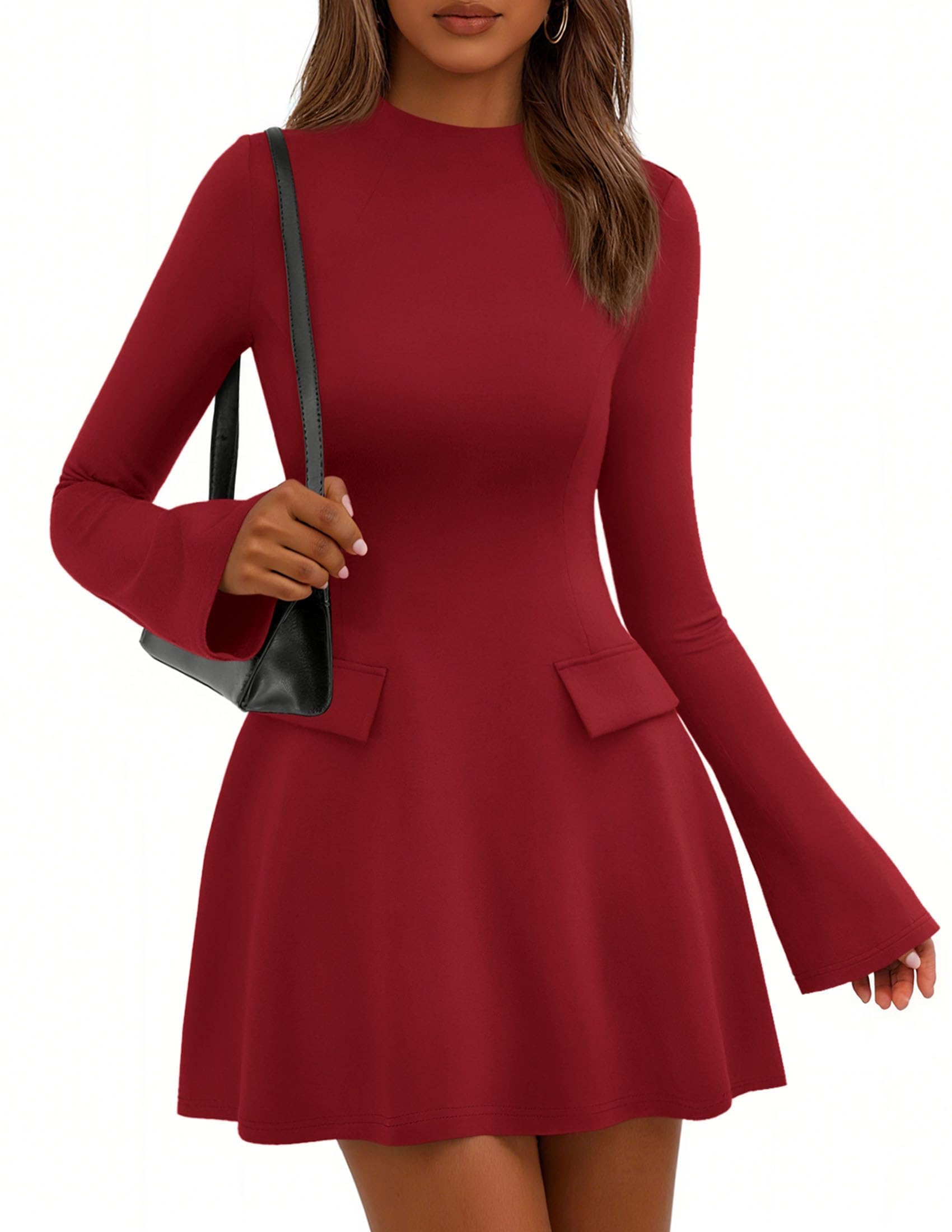 PRETTYGARDEN Women's Elegant Holiday Short Dress  Fall Bell Long Sleeve Mock Neck Work Business Casual Party Mini Dress