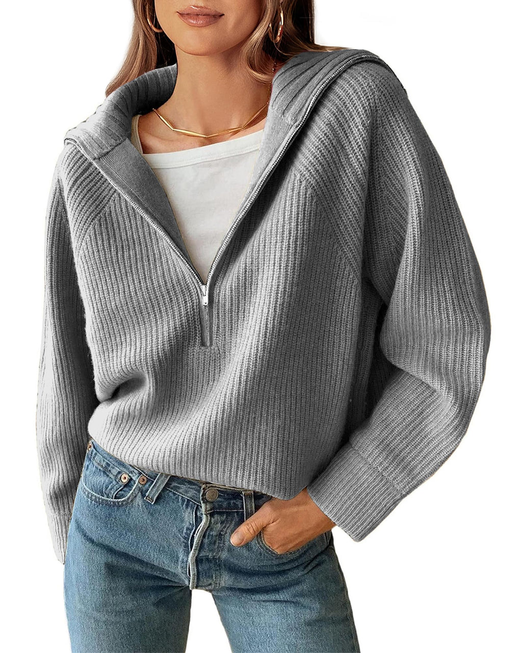 FreshPretty Womens Sweaters Quarter Zip Pullover V Neck Collar Long Sleeve Ribbed Knit Loose Casual Winter Fall Sweater