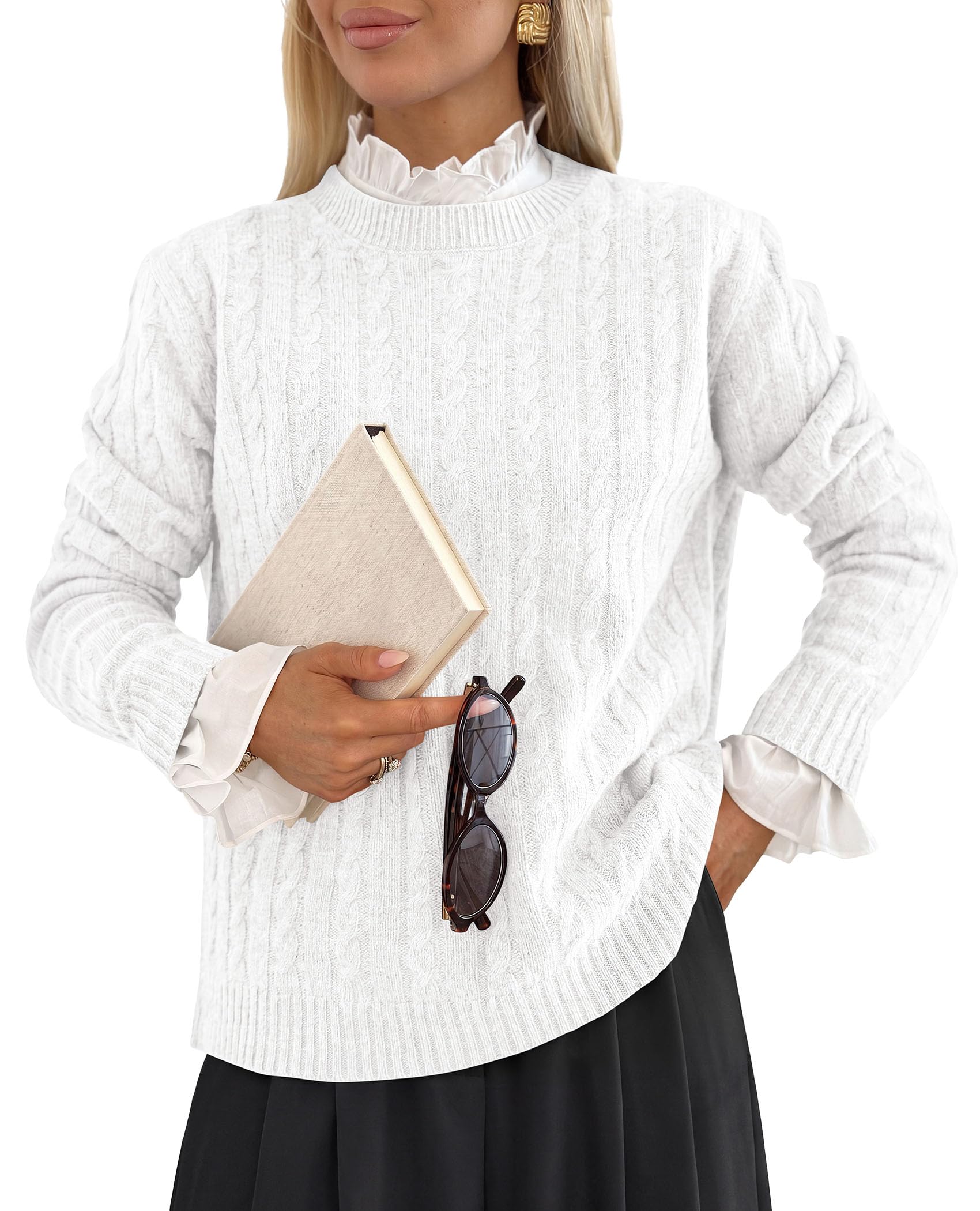 PRETTYGARDEN Women's Cable Knit Sweaters Long Sleeve Pullover Fall Outfits Soft Cozy Knit Tops, Ribbed Crewneck Regular Fit, Basic Daily, Work Business Casual, Teacher Outfits, Winter Layer Clothing