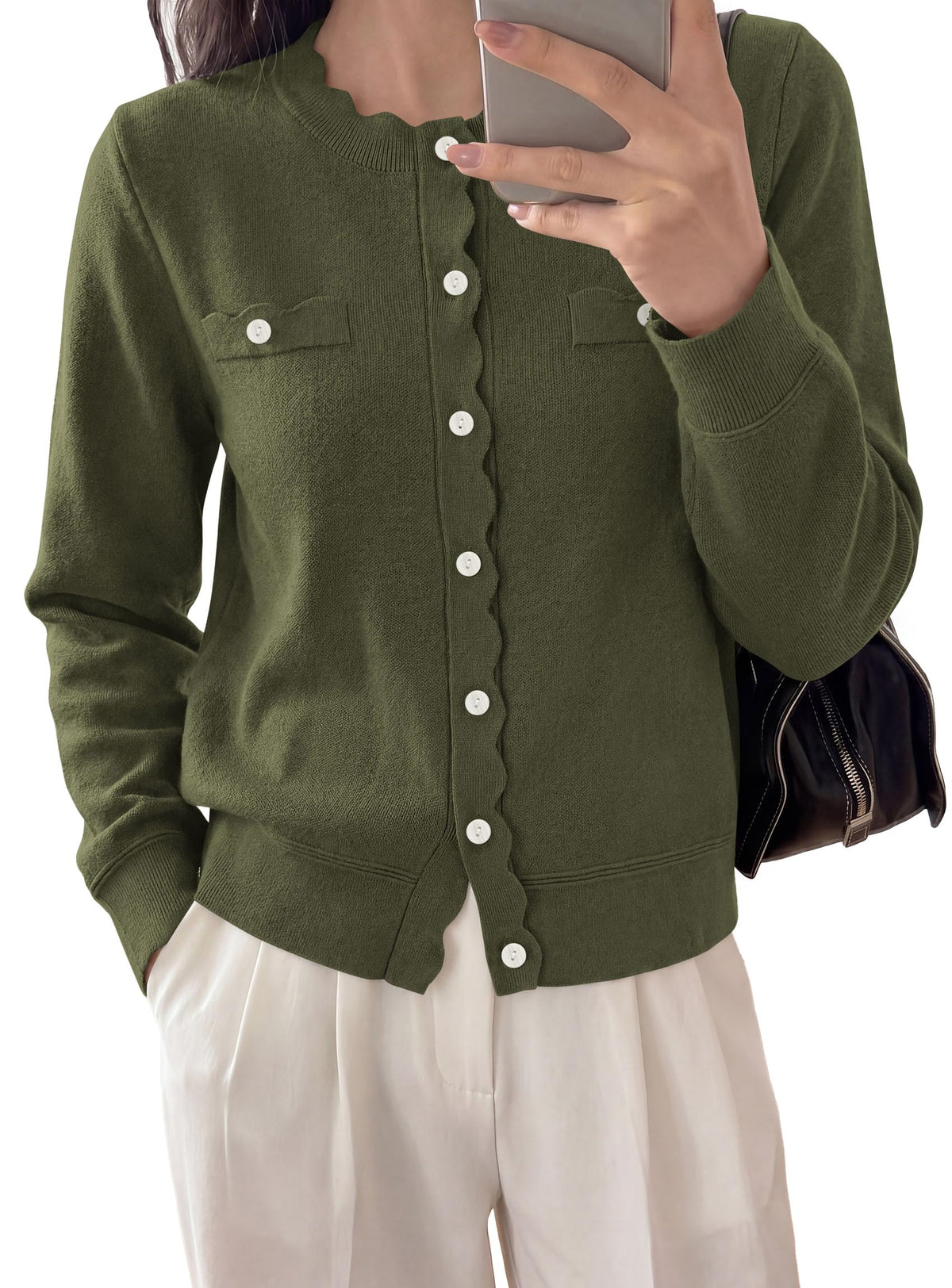 PRETTYGARDEN Cardigan Sweaters for Women Scalloped Button Up Fall Outfits Soft Knit Long Sleeve Knit Tops,Crew Neck,Business Casual Outfits,Office Work Lightweight Sweater,Layers Clothes