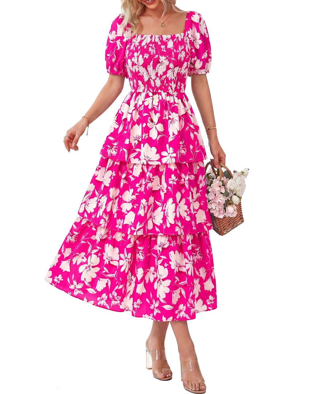 BTFBM Womens Square Neck Smocked Dress Summer Puff Short Sleeve Floral Casual Ruffle Tiered Maxi Wedding Guest Dresses