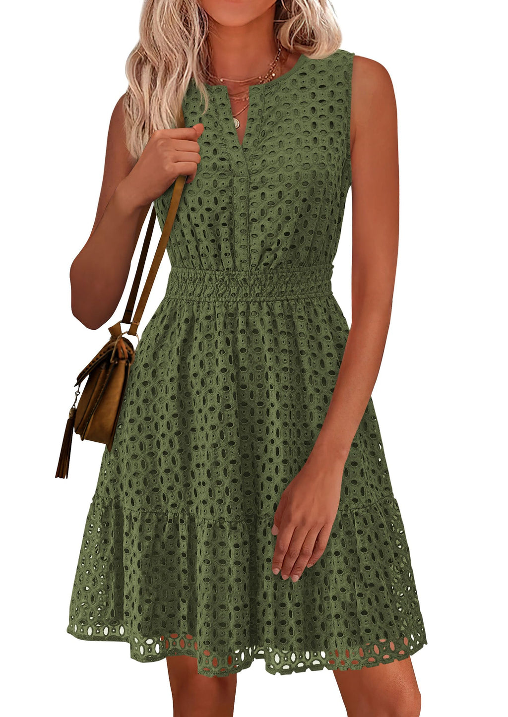 PRETTYGARDEN Women's Summer Dresses Sleeveless V Neck Eyelet Hollow Out Swing A Line Beach Vacation Sun Dress