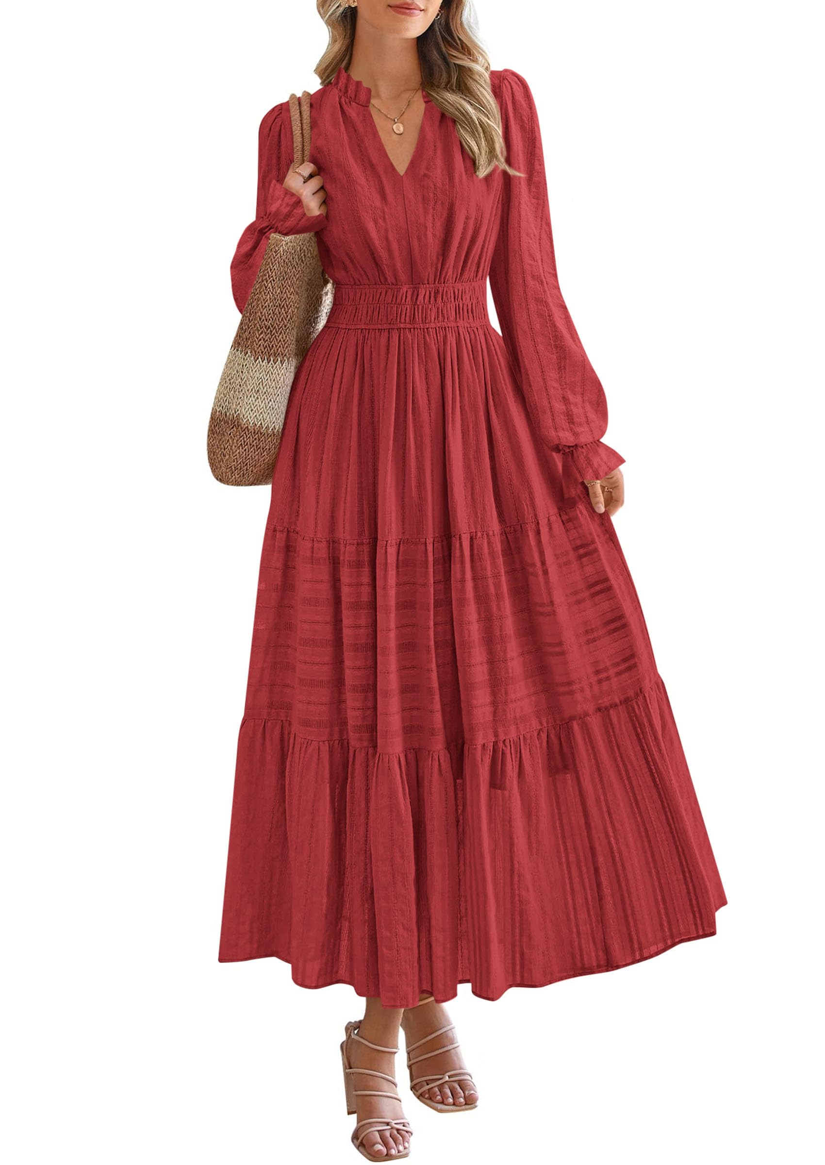 PRETTYGARDEN Women's Fall Wedding Guest Dresses Long Sleeve V Neck Flowy Elegant Holiday Party Maxi Dress with Pockets