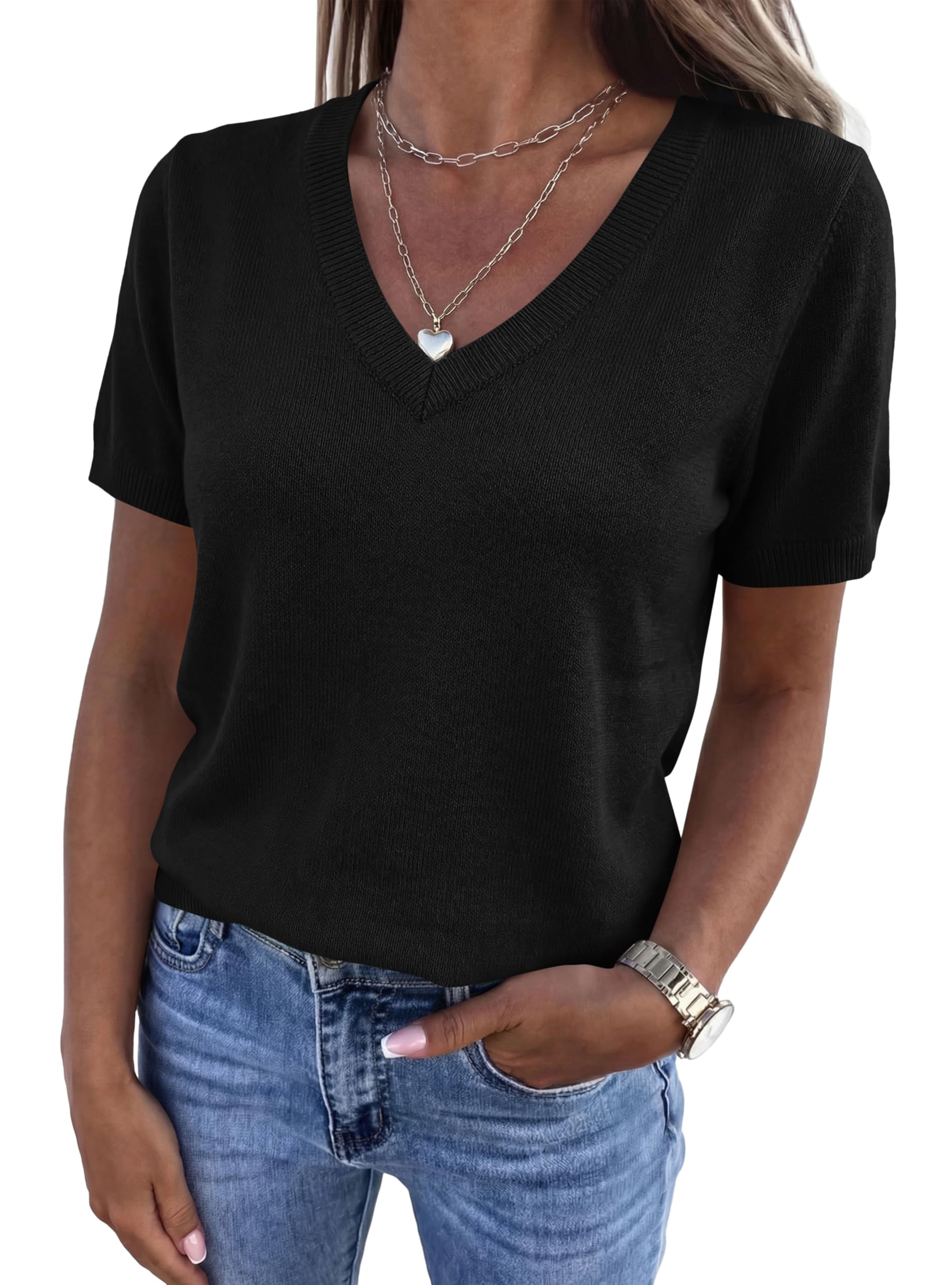 PRETTYGARDEN Womens Short Sleeve Sweater V Neck Trendy Pullover Tops Summer Spring Loose Lightweight Casual Blouse
