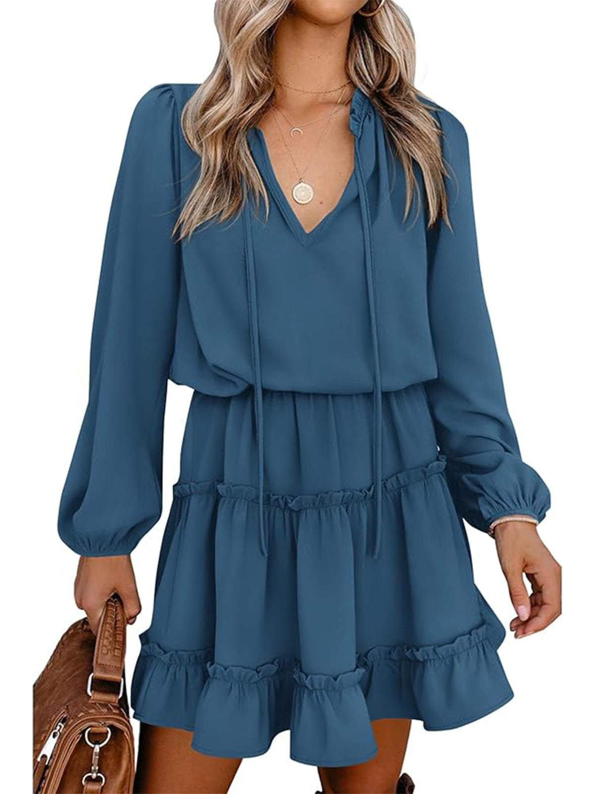 BTFBM Long Sleeve Summer Dresses for Women Casual Tie Neck Ruffle Tiered A Line Mini Spring Wedding Guest Dress