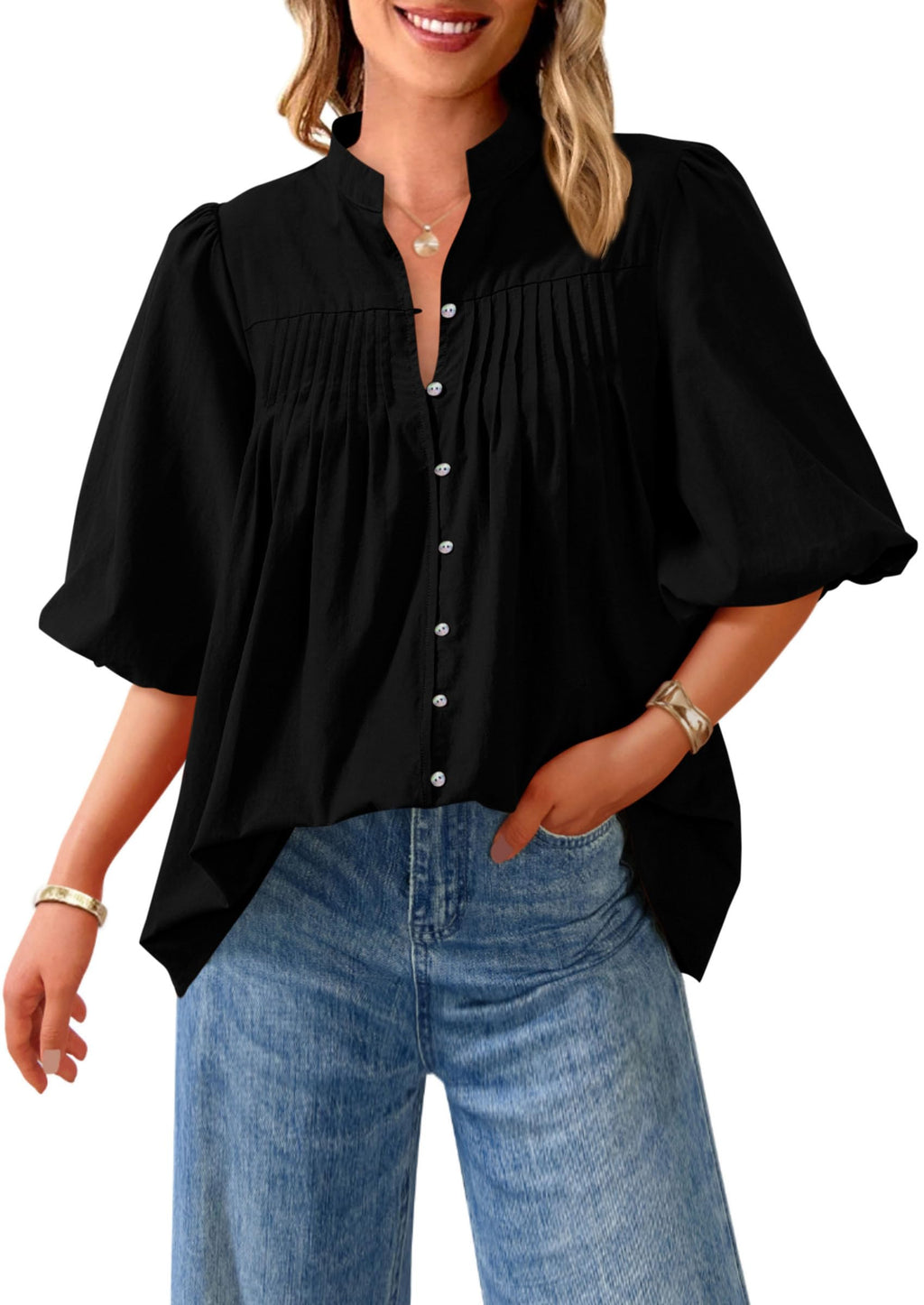 PRETTYGARDEN Women's  Summer Short Lantern Sleeve Tops Loose Fit Button Down Shirt Pleated V Neck Blouses Trendy Clothes