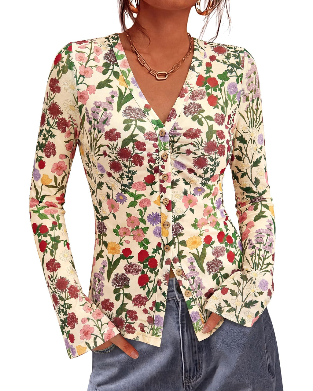 BTFBM Button Down Shirts for Women Spring Boho Tops V Neck Long Sleeve Blouses Ruched Mesh Fitted Fall Fashion