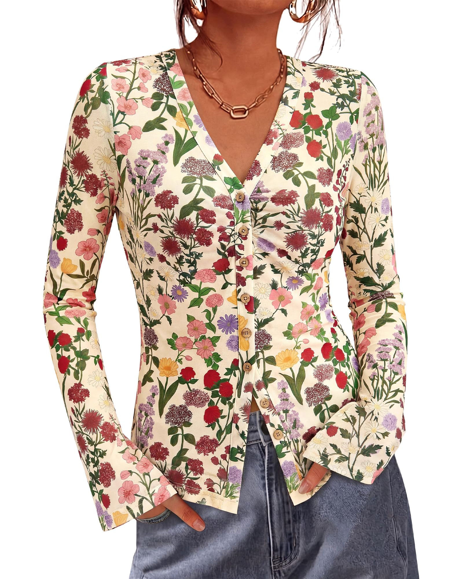 BTFBM Button Down Shirts for Women Spring Boho Tops V Neck Long Sleeve Blouses Ruched Mesh Fitted Fall Fashion