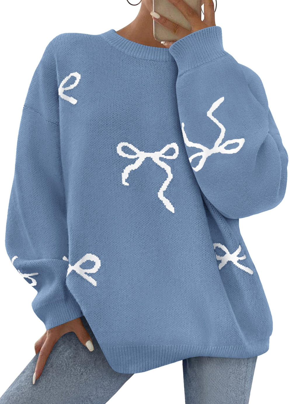 PRETTYGARDEN Fall Long Sleeve Pullover Sweaters for Women Trendy Crewneck Casual Cute Bow Chunky Knit Oversized Sweater
