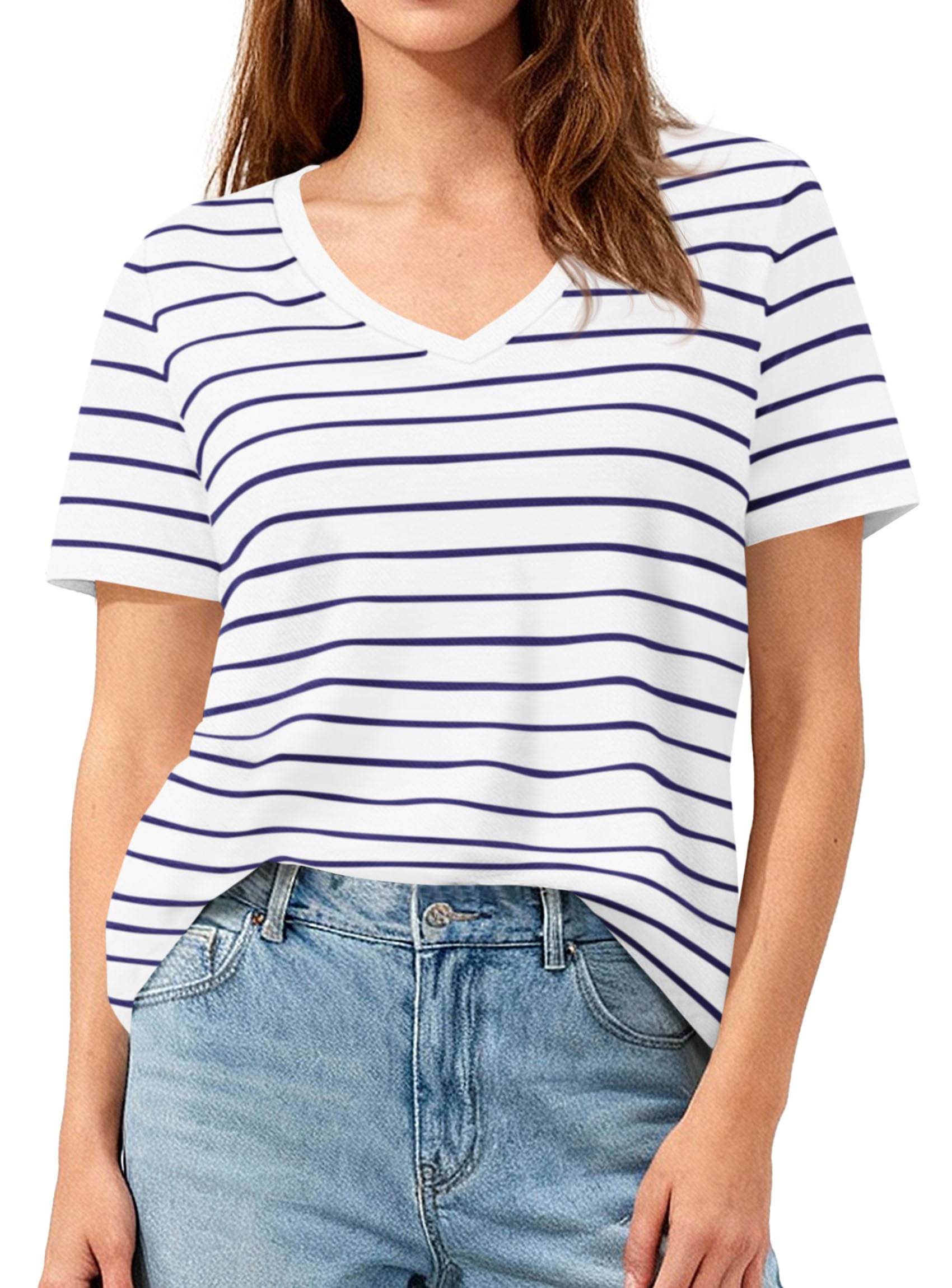 PRETTYGARDEN Short Sleeve Shirts for Women Spring V Neck Cute Tops Casual Striped Shirt Knitted Tees Summer Outfits