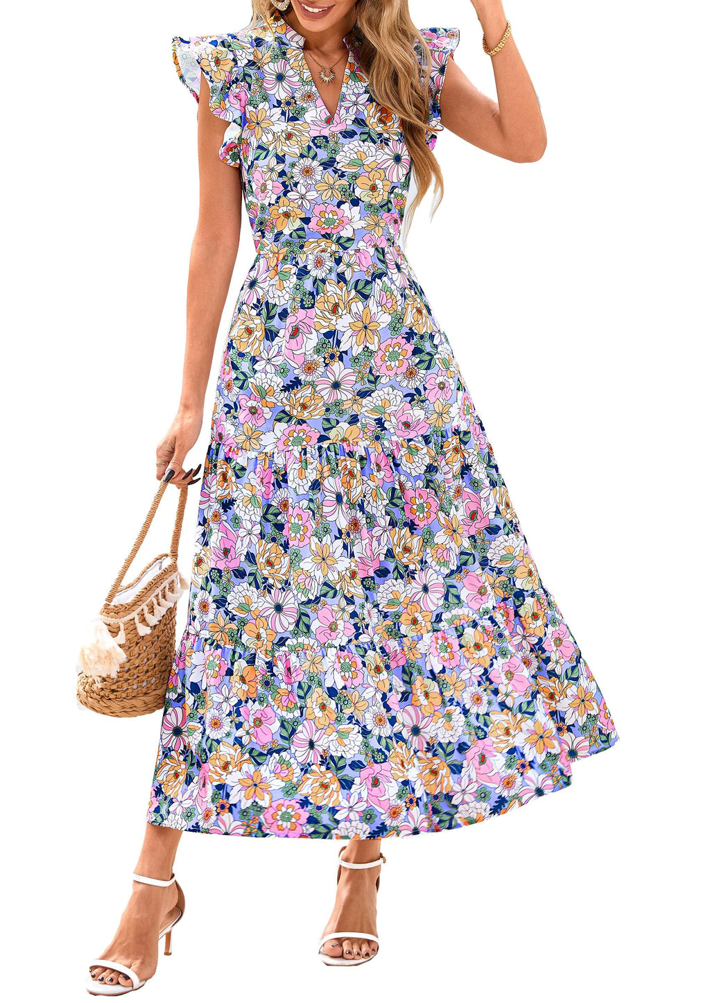 Visit the PRETTYGARDEN Store PRETTYGARDEN Women's Summer Floral Midi Dress Cap Sleeve V Neck Ruffle Long Flowy Boho Casual Beach Vacation Dresses