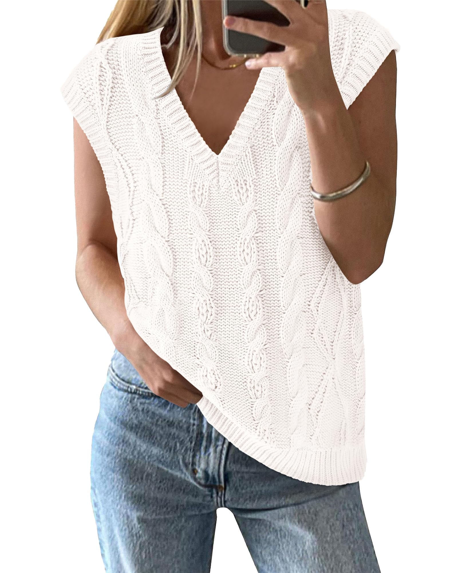 FreshPretty Sweater Vest Women Oversized V Neck Cable Knit Casual Pullover Sweaters Fall Outfits Sleeveless Tops