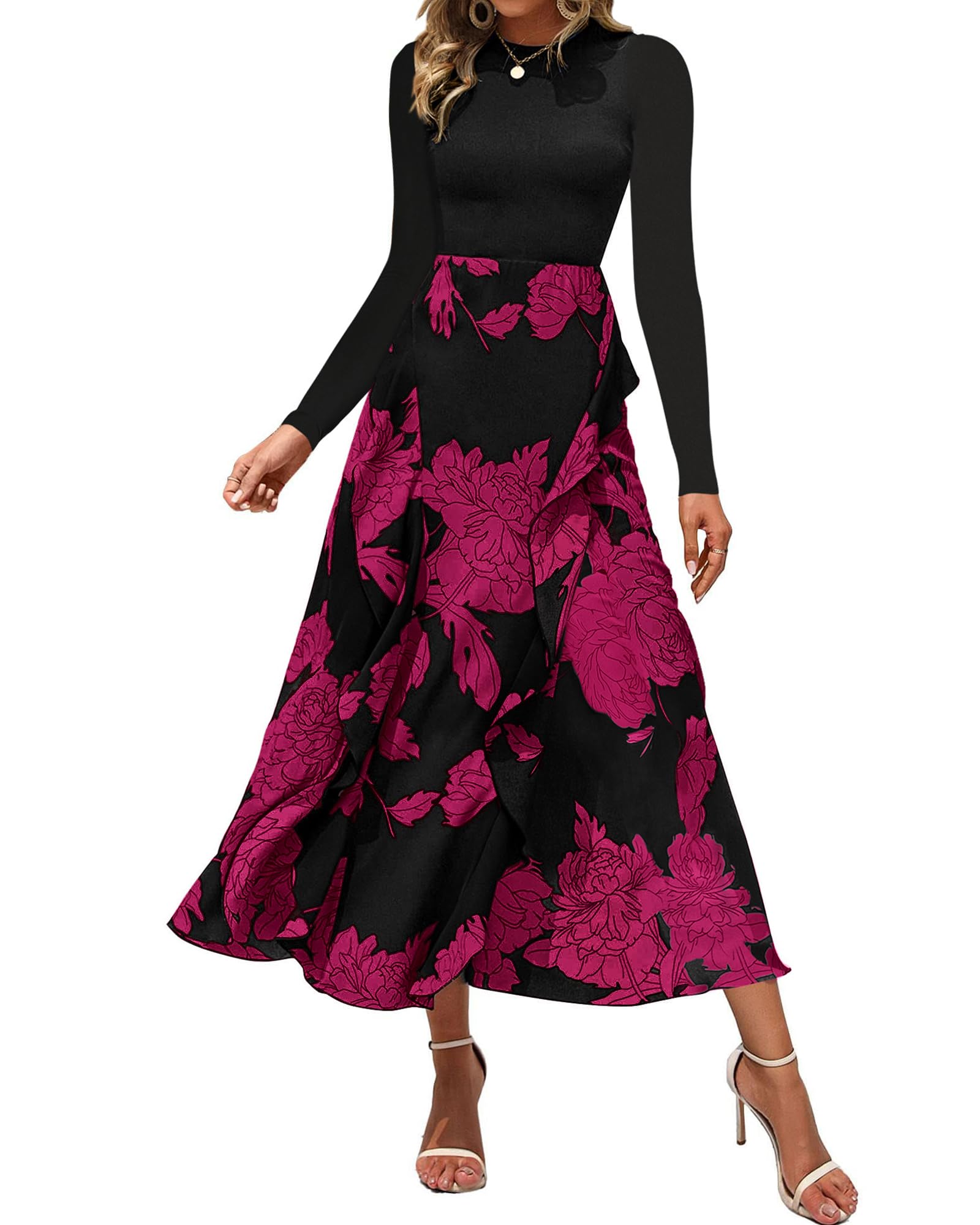 FreshPretty Womens Floral Maxi Dress Fall Casual Crewneck Long Sleeve Ruffle Flowy Cocktail Wedding Guest Dresses