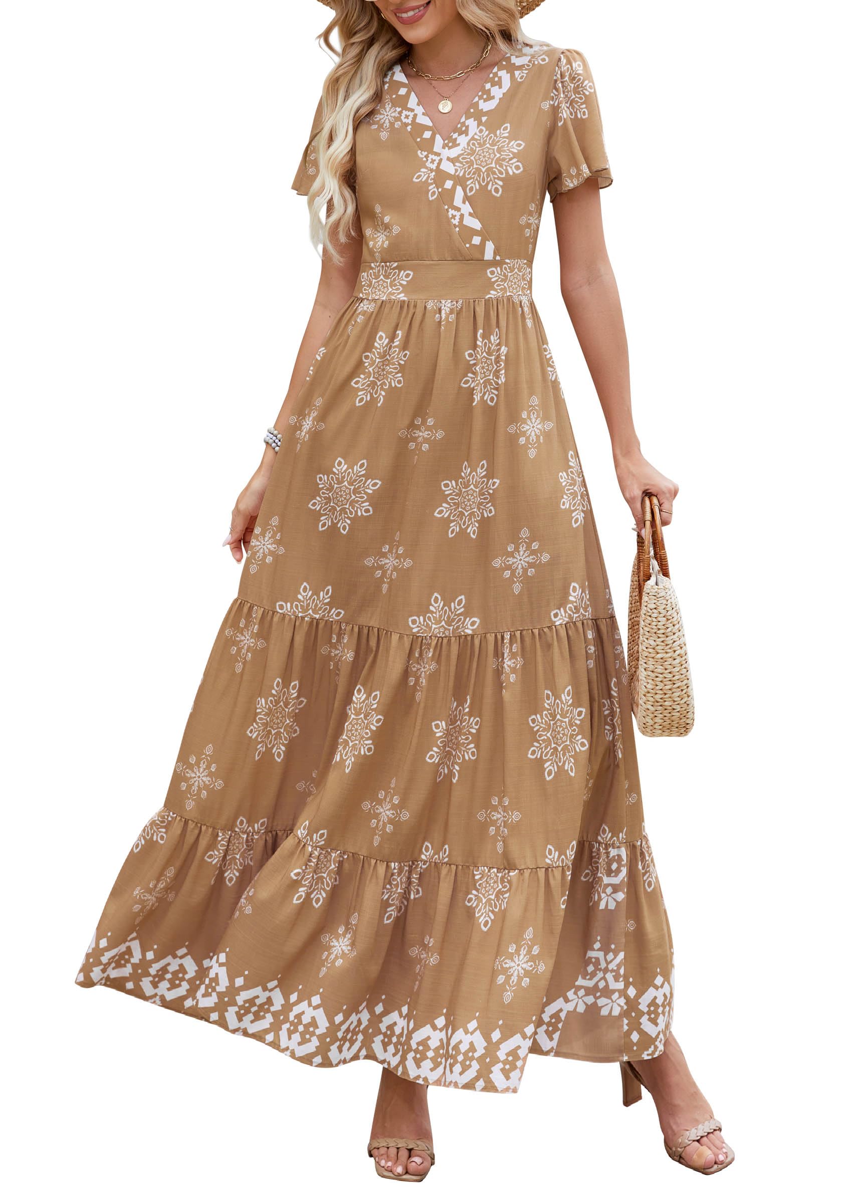 PRETTYGARDEN Womens Summer Casual V Neck Boho Maxi Dress Flowy Aline Bell Sleeve Tiered Floral Dresses with Pocket