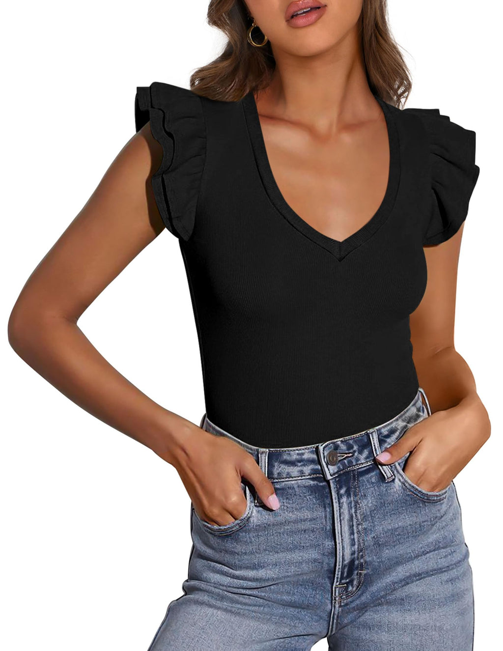 PRETTYGARDEN Womens V Neck Summer Tops Ruffle Sleeveless Slim Fit T Shirts Going Out Casual Blouses
