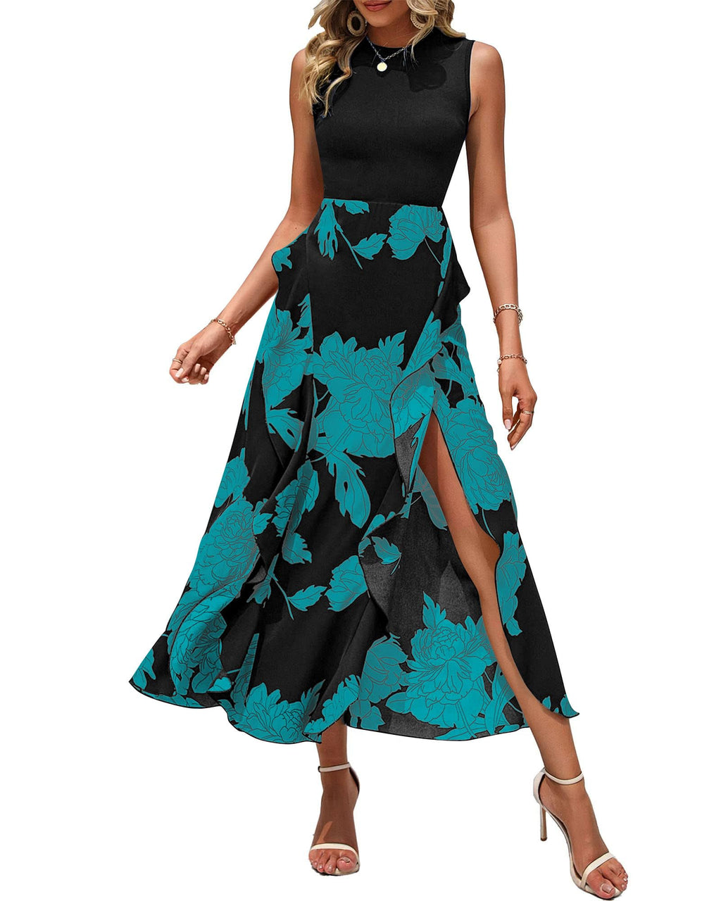 BTFBM Summer Dresses for Women Wedding Guest Boho Floral Print, Sleeveless, Crewneck, Ruffle Midi Dress For Cocktail, Graduation, Homecoming, Party, Casual Fall