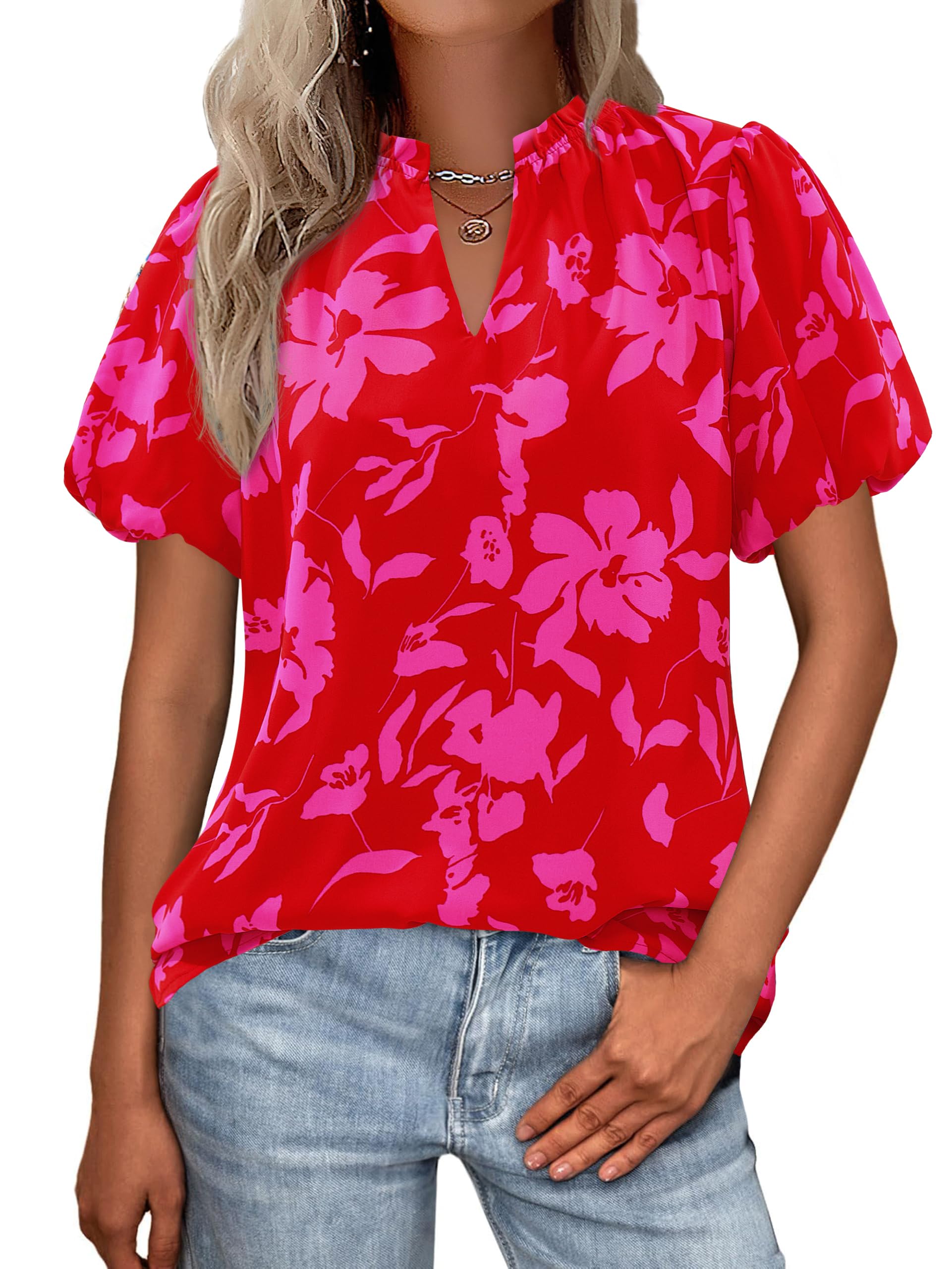 PRETTYGARDEN Boho Short Sleeve Floral Work Blouses for Women Dressy Casual V Neck Puff Sleeve Loose Chiffon Flowy Tops Shirts