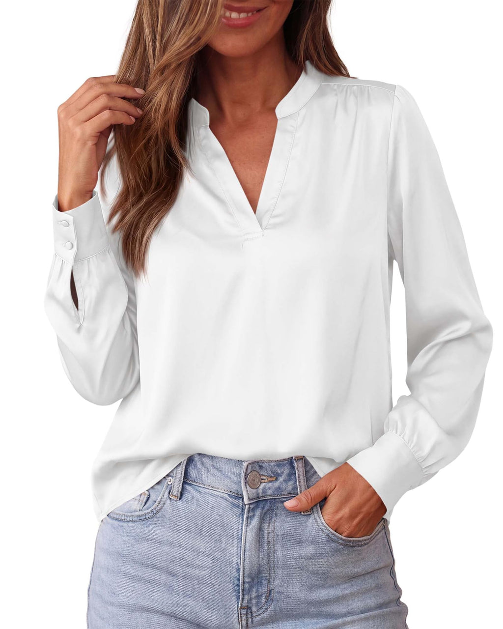 BTFBM Satin Blouses for Women Dressy Casual | Lightweight,V Neck,Long Sleeve Tops,Going Out Outfits,Fall Fashion Clothing