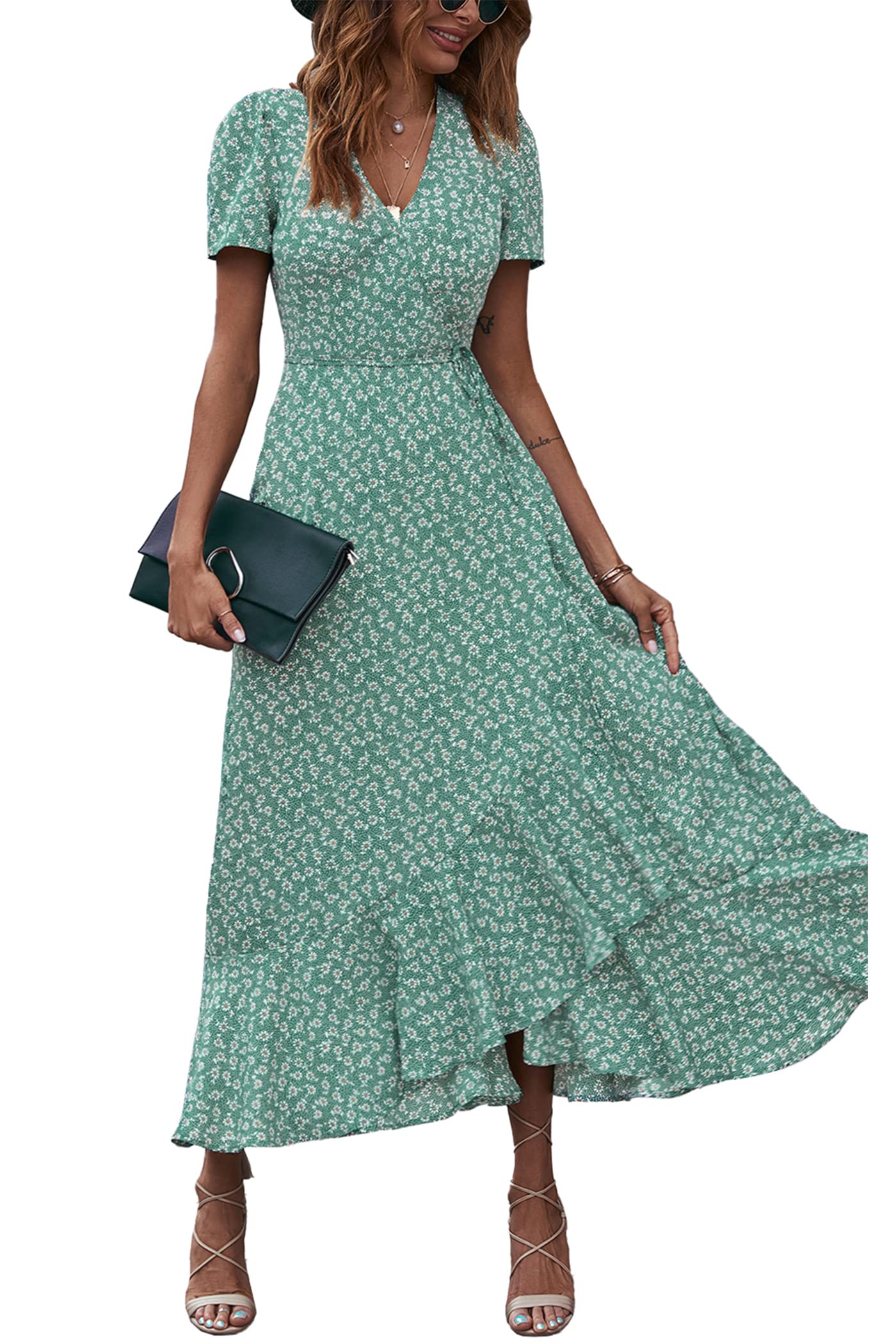 PRETTYGARDEN Women's Summer Maxi Dress Casual Wrap Floral Boho Short Sleeve V Neck Split Ruffle Beach Long Dresses