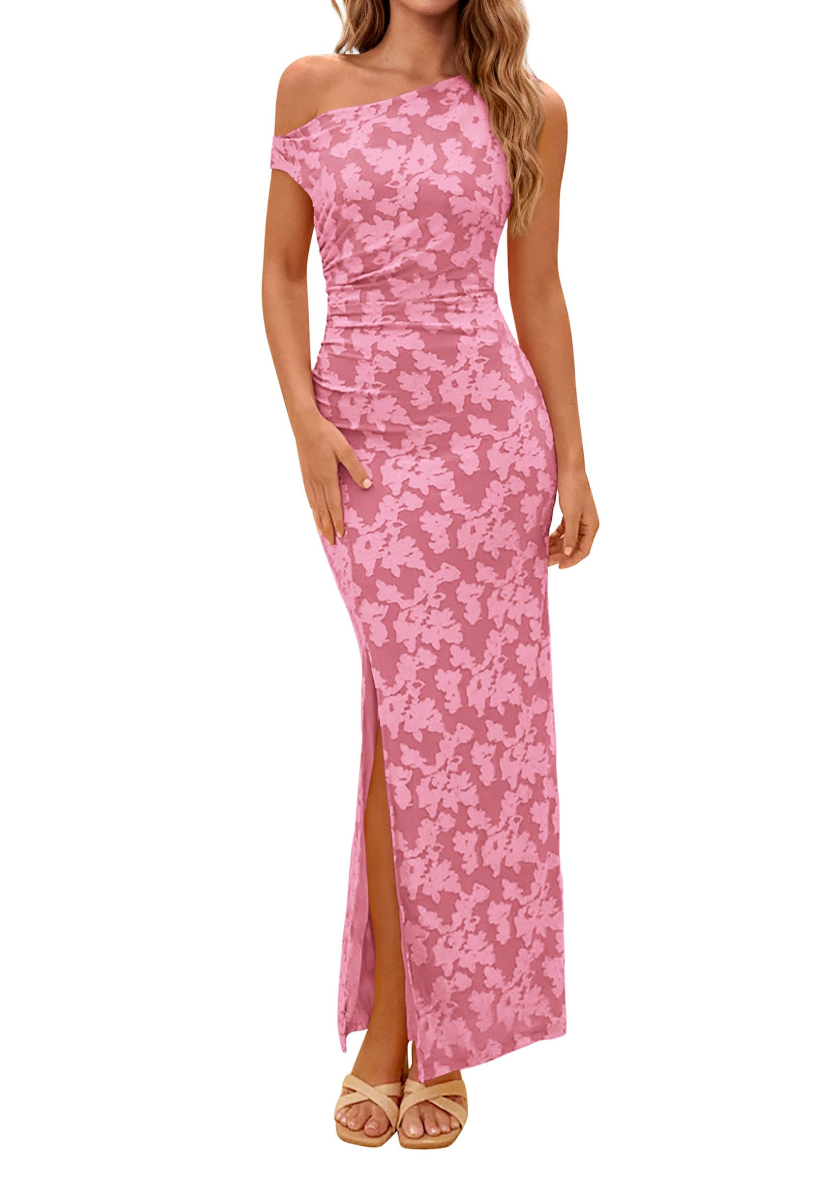 PRETTYGARDEN Womens Floral One Shoulder Maxi Dress Summer Spring Bodycon Ruched Side Slit Elegant Cocktail Party Dresses