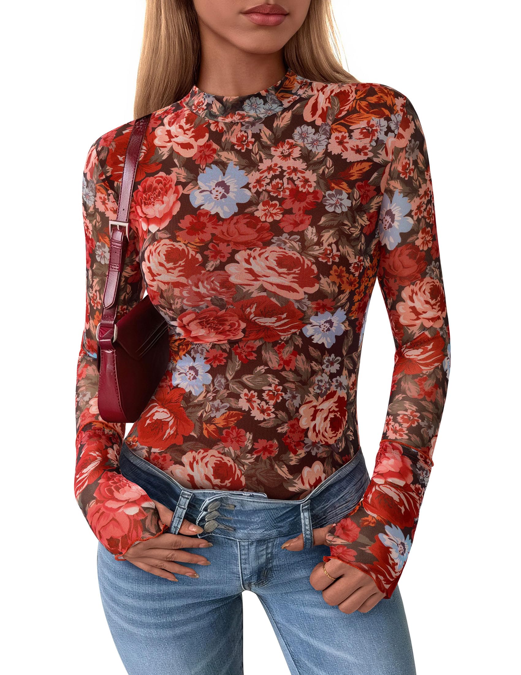 PRETTYGARDEN Womens Fall Mesh Floral Blouses Long Sleeve Going Out Tops Slim Fitted Shirts Date Night Outfits