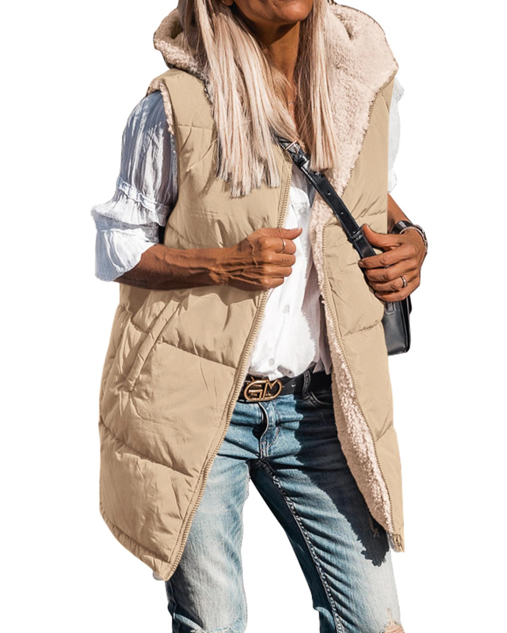 BTFBM Long Puffer Vest Women Fleece Sherpa Jacket Sleeveless Hooded Reversible Zip Up Winter Coat Fall Vests Outerwear