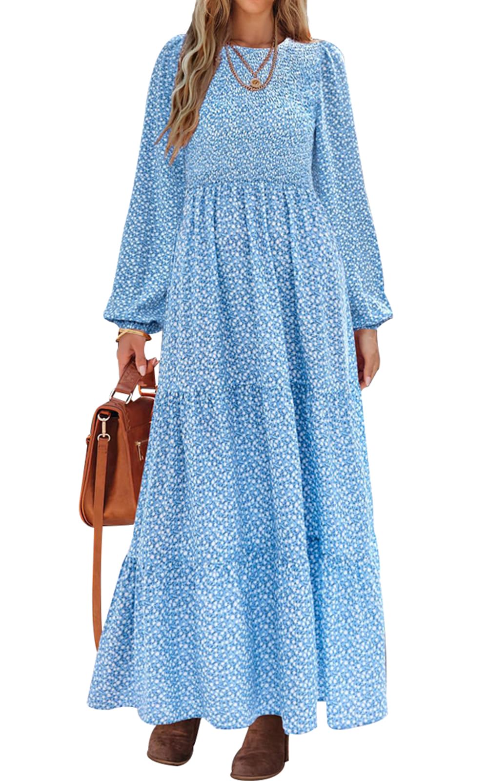 PRETTYGARDEN Women's Fall Dresses Long Sleeve Flowy Casual Floral Maxi Dress Crew Neck Smocked Tiered Long Dress