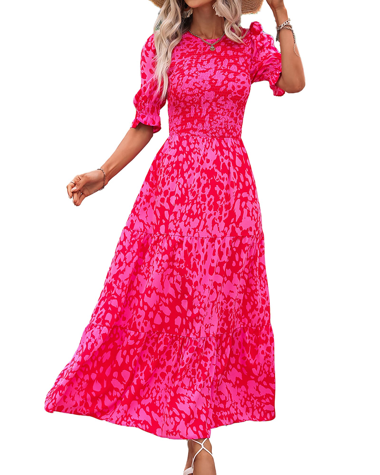 FreshPretty Women Casual Summer Dresses Spring Crew Neck Ruffle Short Sleeve Floral Print Smocked Boho Flowy Maxi Dress