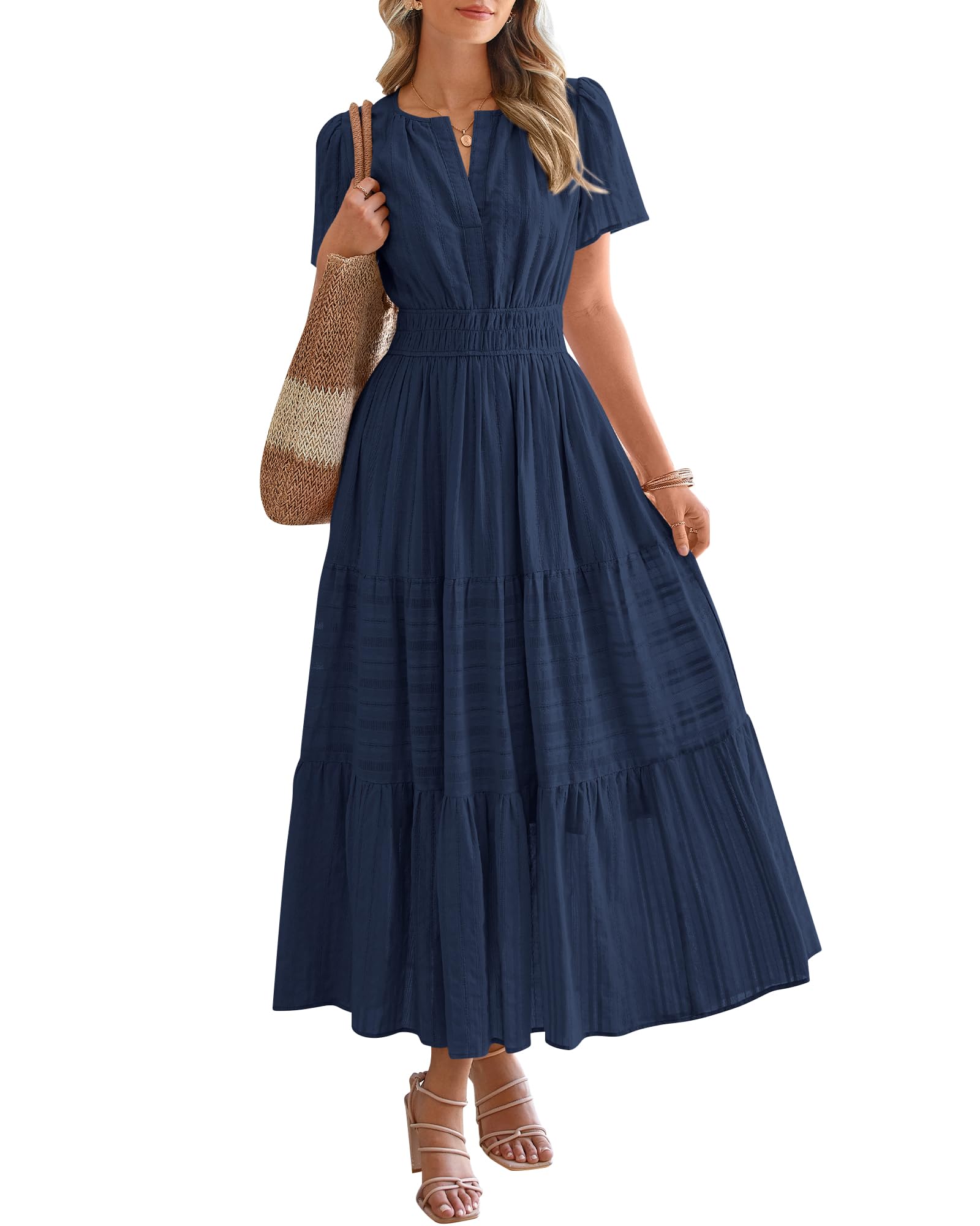 BTFBM Womens Summer Casual Midi Maxi Dresses Lightweight Short Sleeve V Neck Elastic Waist Boho Beach Dress Pockets