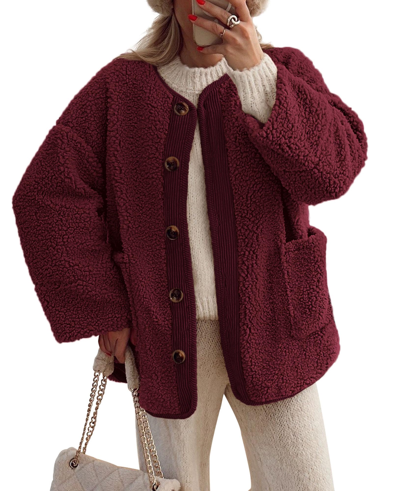 PRETTYGARDEN Women's Winter Coats Long Sleeve Button up Fuzzy Sherpa Fleece Jackets Outerwear Fall Fashion Clothes