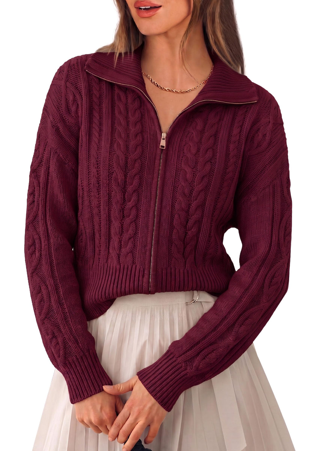 PRETTYGARDEN Women's Cable Knit Cropped Cardigan Sweaters Oversized Sweater, Long Sleeve Zip Up Jacket, Collared Neck, Ribbed Hem, Cozy Soft Casual Wear, Fall Clothes Winter Outerwear