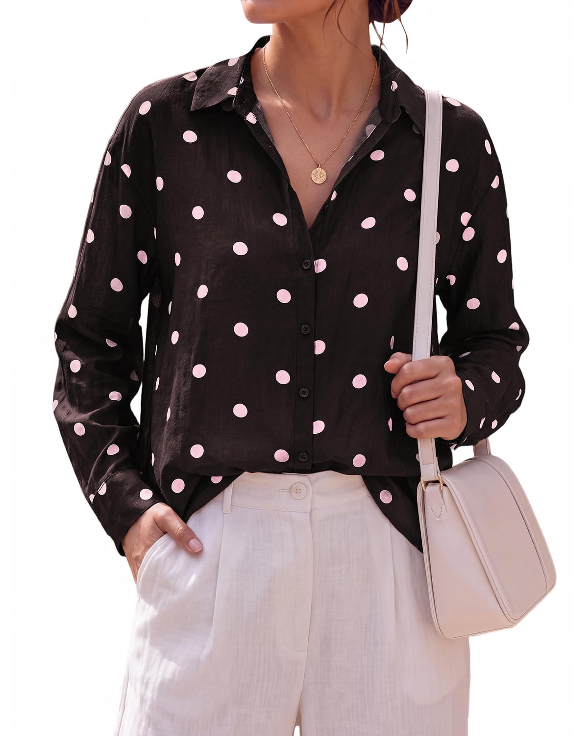BTFBM Womens Blouses Dressy Casual Floral Long Sleeve Shirts Polka Dot Tops Classic Lapel Collar,Button Cuffs,V Neck Button Down Shirt,Business Casual Outfits,Early Fall Fashion Clothing Trendy
