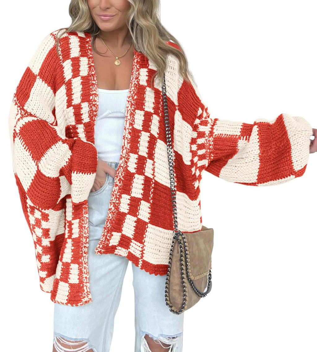 FreshPretty Casual Cardigan Sweater for Women Fall Long Sleeve Open Front Chunky Knit Sweaters Checkered Outwear Coat