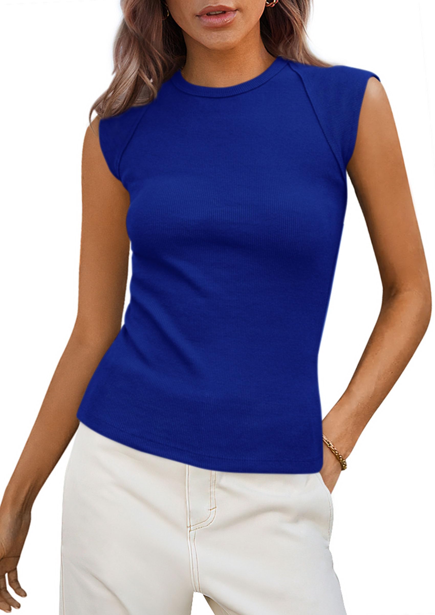 PRETTYGARDEN Women's Ribbed Tank Tops Summer Cap Sleeve Slim Fitted Knit Basic Casual Tee Shirts Trendy Fashion Clothes