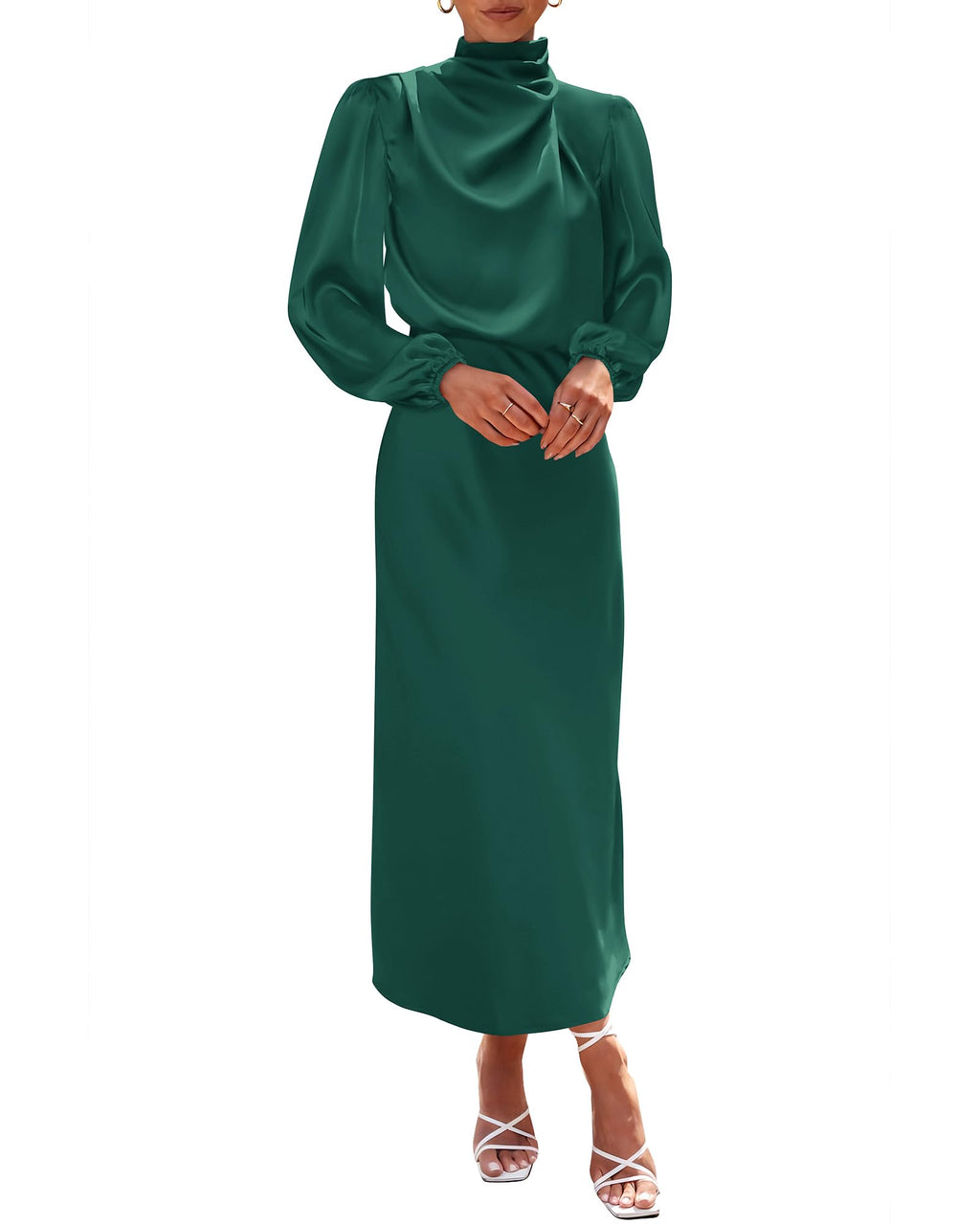 BTFBM Womens Mock Neck Satin Dress Spring Summer Long Sleeve Lightweight Formal Wedding Party Maxi Cocktail Dresses
