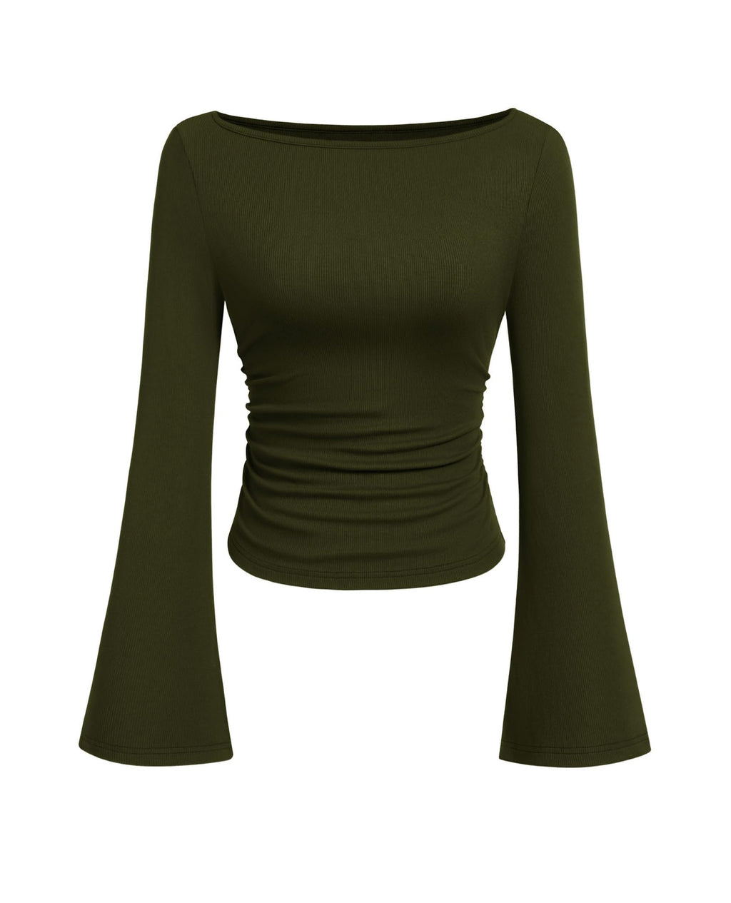 PRETTYGARDEN Women's Long Sleeve Shirts Fall Crop Going Out Tops Casual Boat Neck Bell Sleeve Ribbed Ruched Y2K Clothes