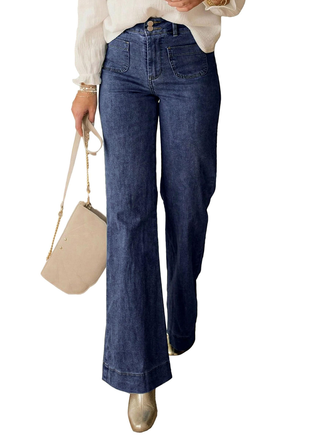 PRETTYGARDEN Womens Wide Leg Jeans High Waisted Stretchy | High Rise Flare Jeans with Front Patch Pockets, Loose Fit Daily Wear Denim, Trendy Office Work Pants, Business Casual Outfits
