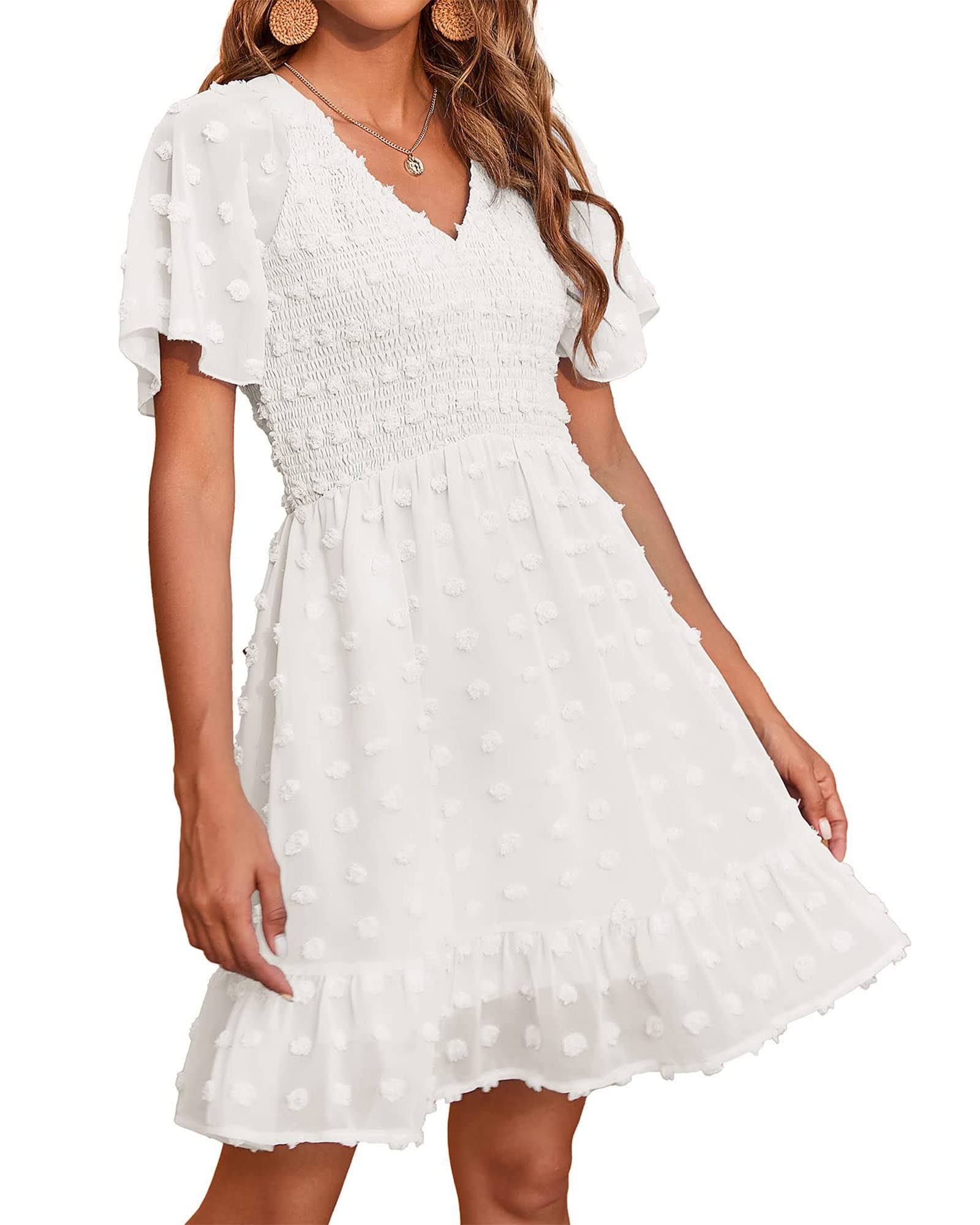 FreshPretty Womens Beach Vacation Dress Summer V Neck Short Sleeve Smocked Swiss Dot Cute Ruffle Casual Fall Mini Dresses