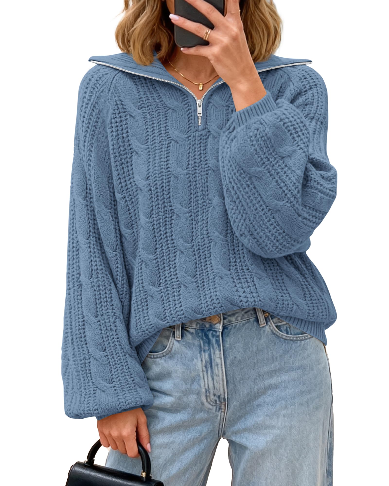 BTFBM Sweaters for Women Fall Fashion Loose Quarter Zip Pullover Collared Long Sleeve Cable Knit Winter Clothes