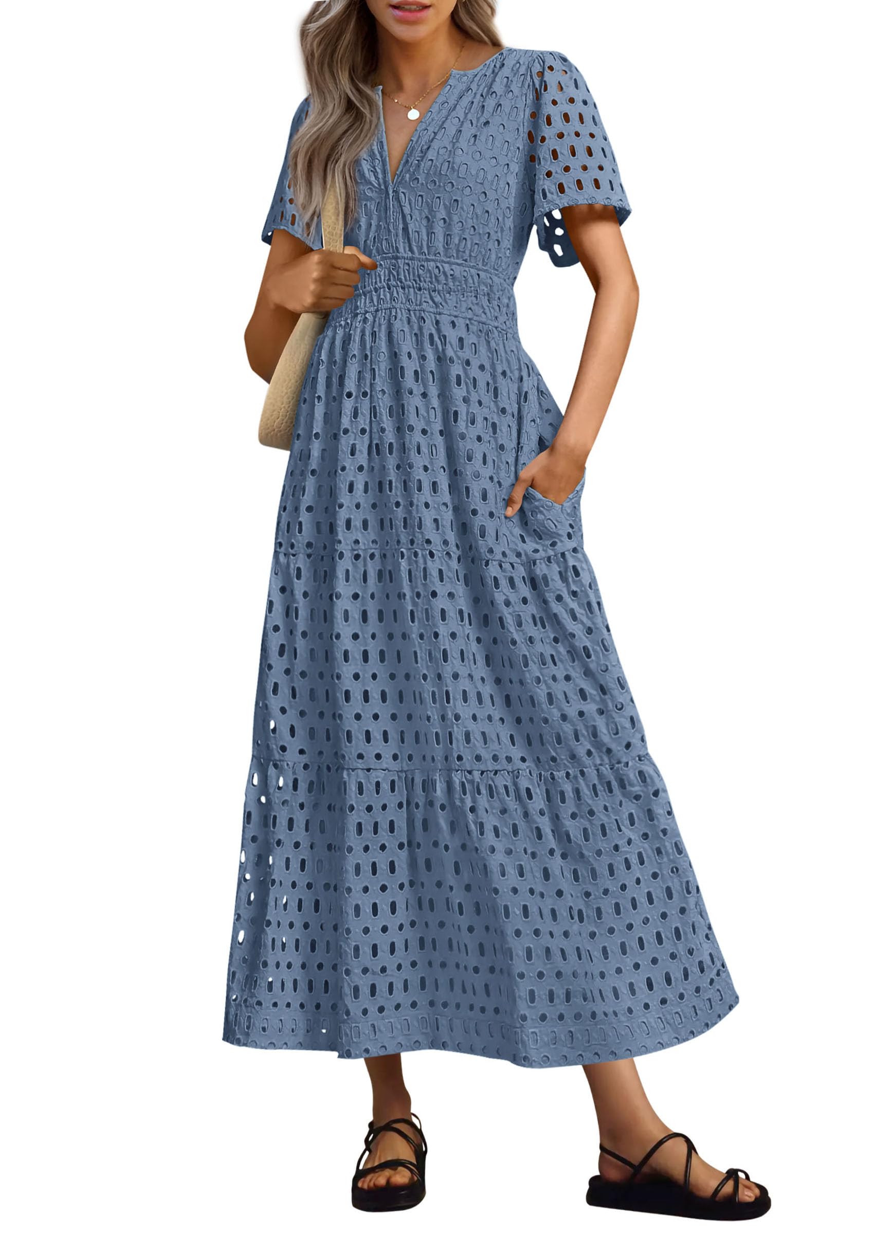 PRETTYGARDEN Womens Summer Maxi Dress Short Sleeve V Neck Hollow Out Eyelet A Line Long Flowy Beach Vacation Dresses