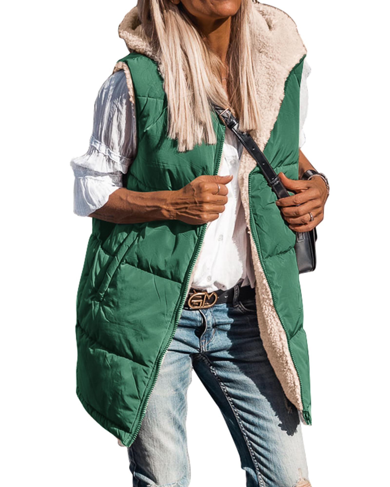 BTFBM Long Puffer Vest Women Fleece Sherpa Jacket Sleeveless Hooded Reversible Zip Up Winter Coat Fall Vests Outerwear