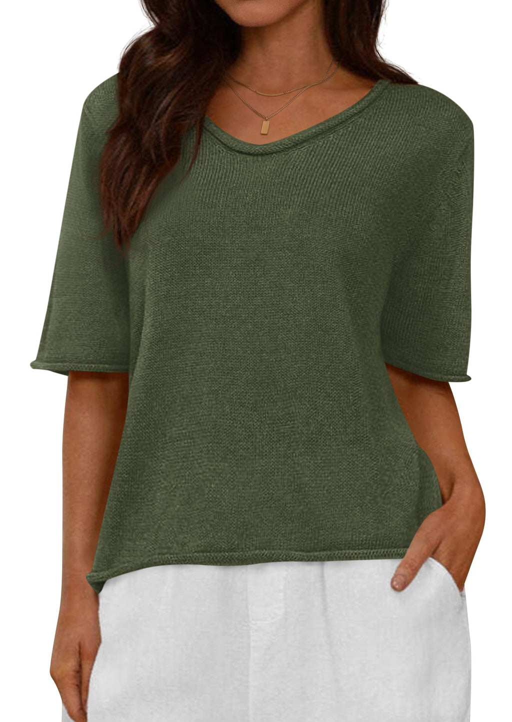 FreshPretty Sweaters for Women Summer Oversized Half Short Sleeve Knitted Pullover V Neck‌ Casual Loose Fit Spring Tops