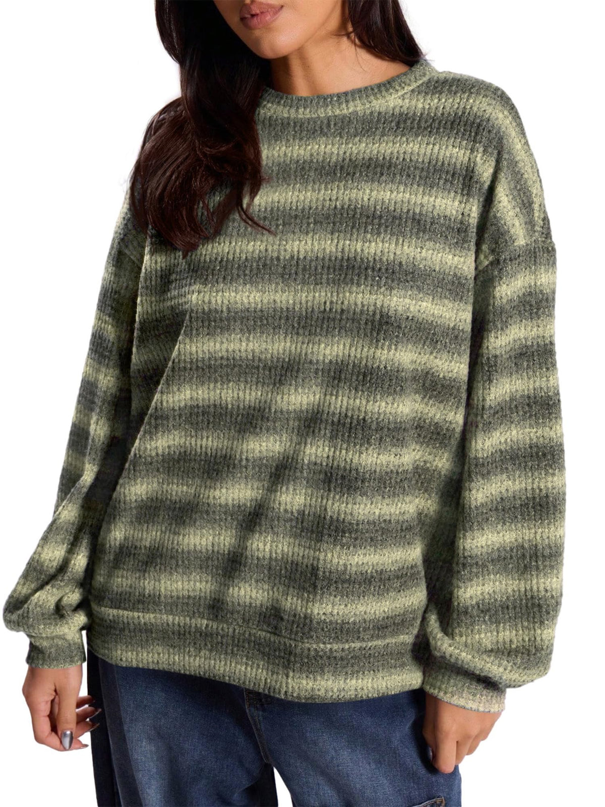 FreshPretty Striped Waffle Knit Tops for Women Lightweight Pullover Sweaters,Womens Fall Outfits,Basic Casual Crew Neck Long Sleeve Top,Trendy Loose Blouses Daily Wear,Winter Layering Clothes