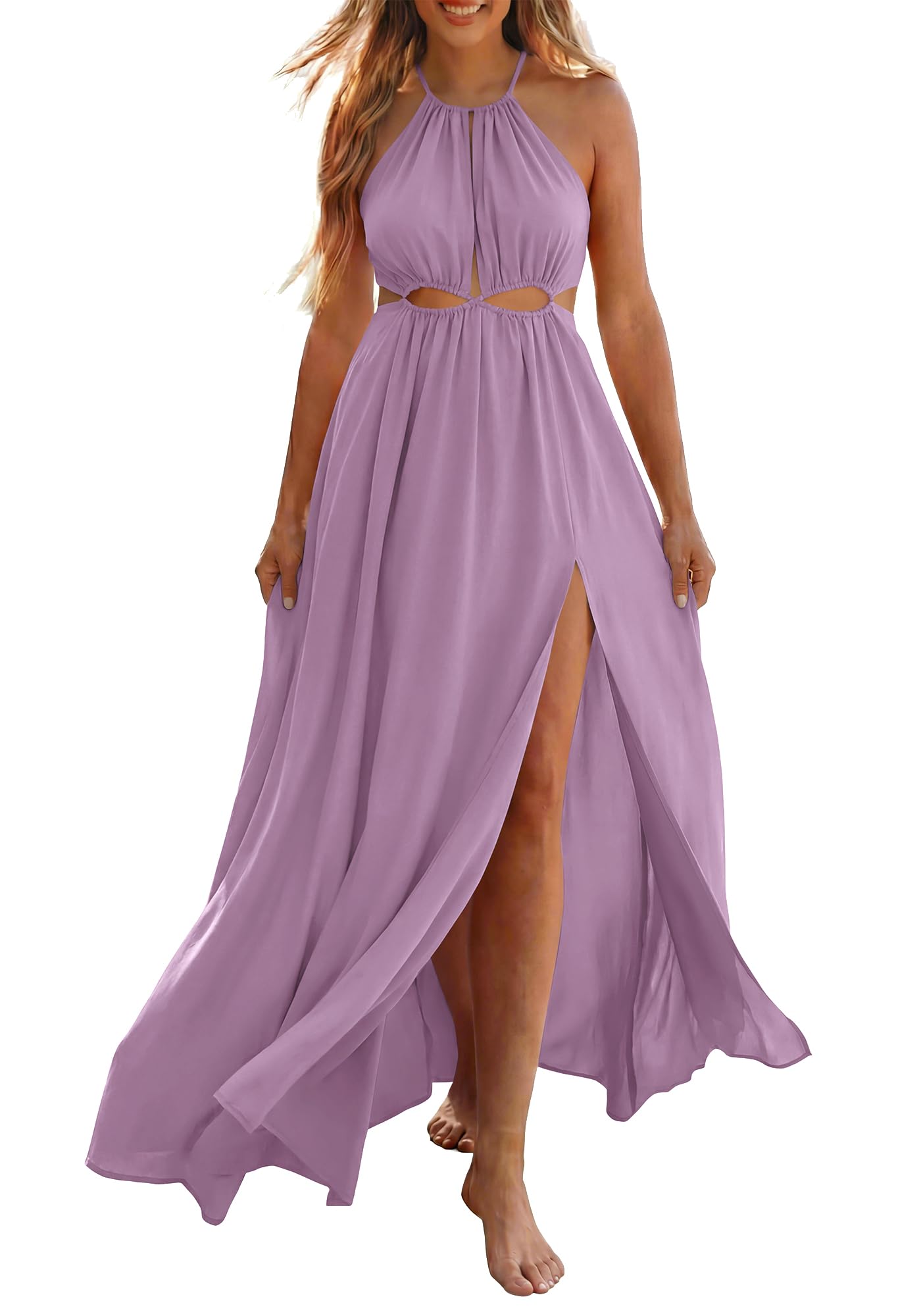 BTFBM Women Halter Summer Dresses Sleeveless Cutout Backless Sundress Slit Boho Maxi Beach Wedding Guest Dress
