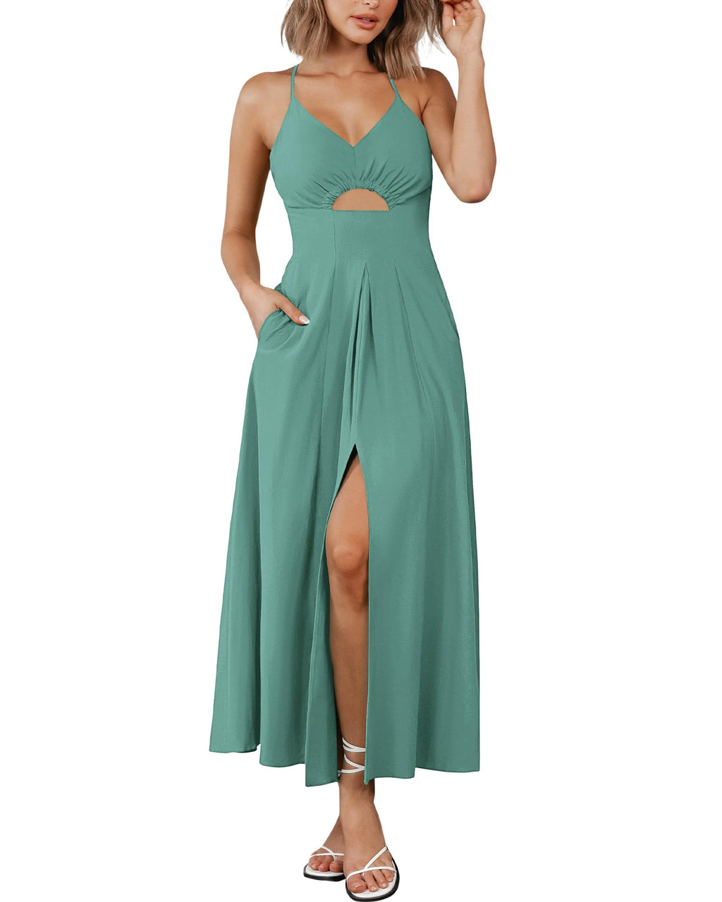 BTFBM Women Spaghetti Strap Midi Summer Dresses Sleeveless V Neck Cutout Slit Casual Beach Party Maxi Dress Pockets